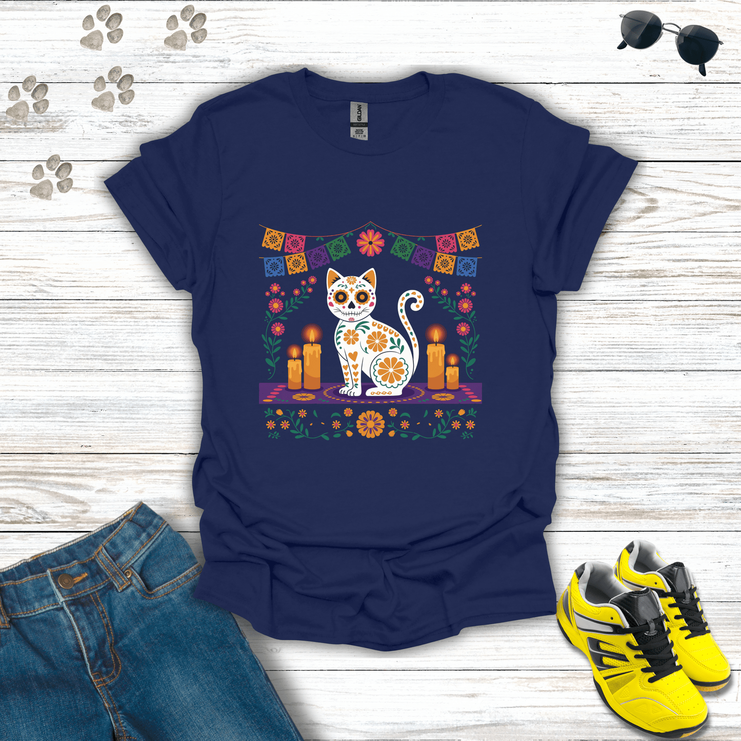 Pet Ofrenda Sugar Skull Cat T-Shirt Navy / S unisex graphic t-shirt