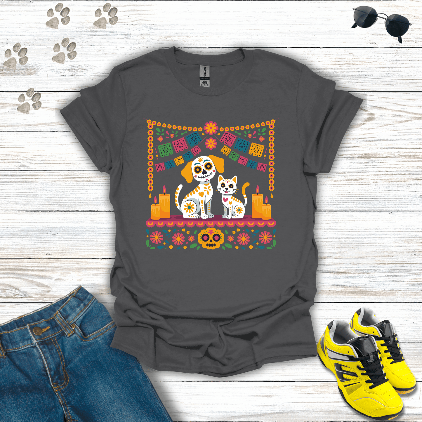 Pet Ofrenda Sugar Skull Dog & Cat T-Shirt Charcoal / S unisex graphic t-shirt