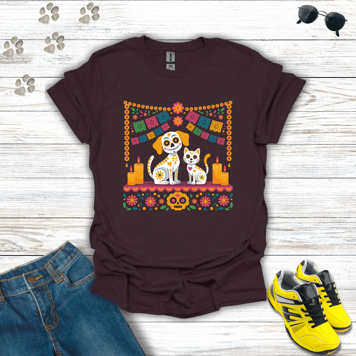 Pet Ofrenda Sugar Skull Dog & Cat T-Shirt Dark Chocolate / S unisex graphic t-shirt