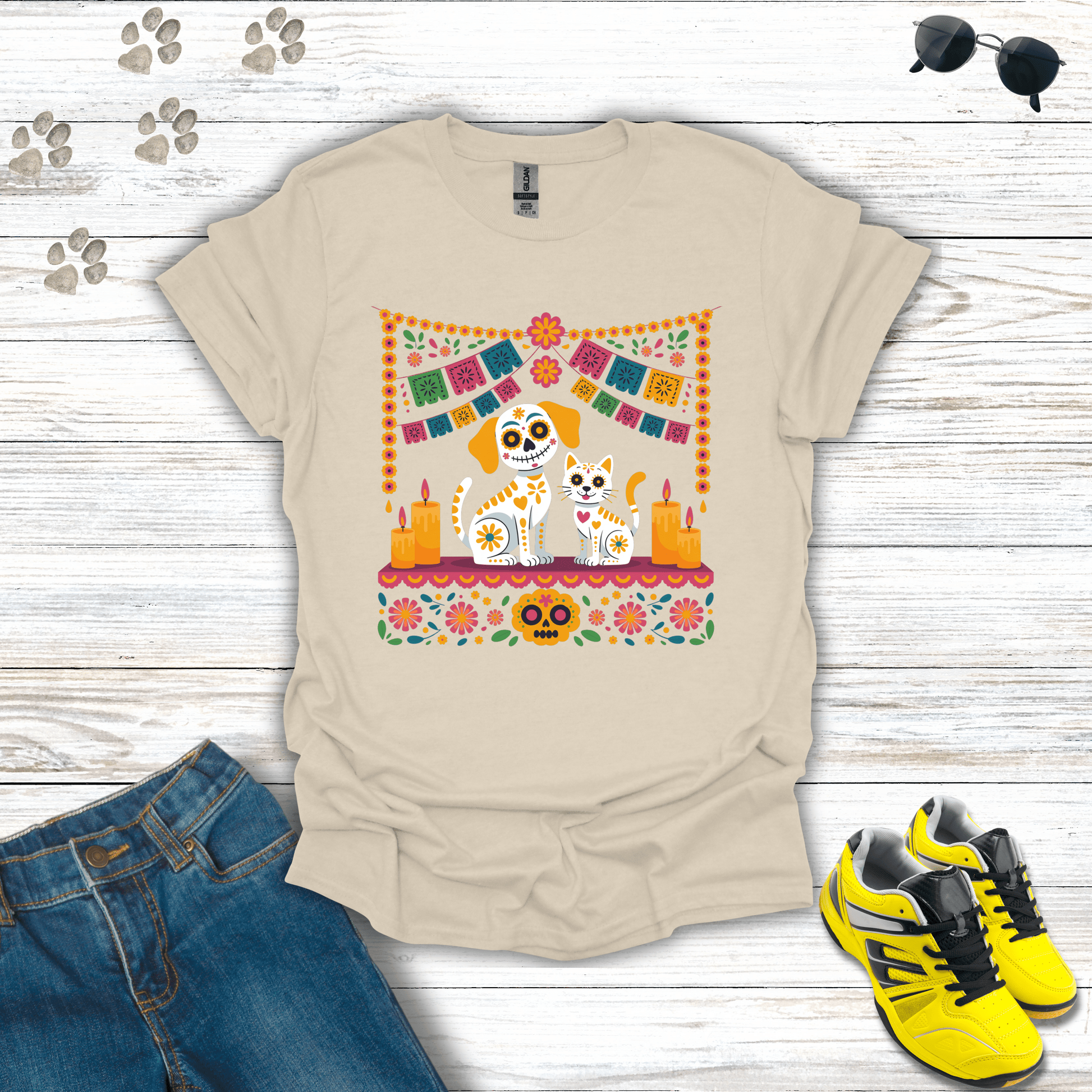 Pet Ofrenda Sugar Skull Dog & Cat T-Shirt Natural / S unisex graphic t-shirt