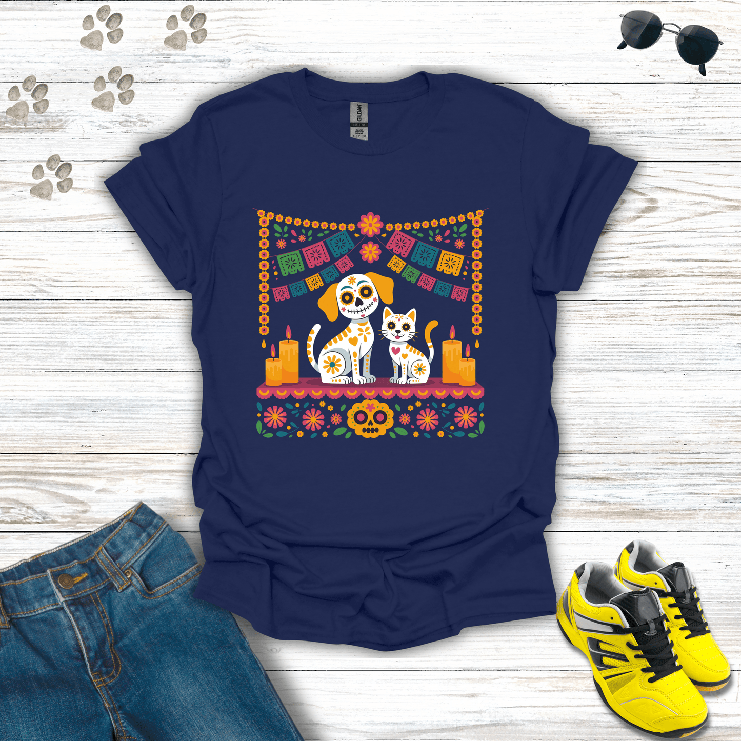Pet Ofrenda Sugar Skull Dog & Cat T-Shirt Navy / S unisex graphic t-shirt