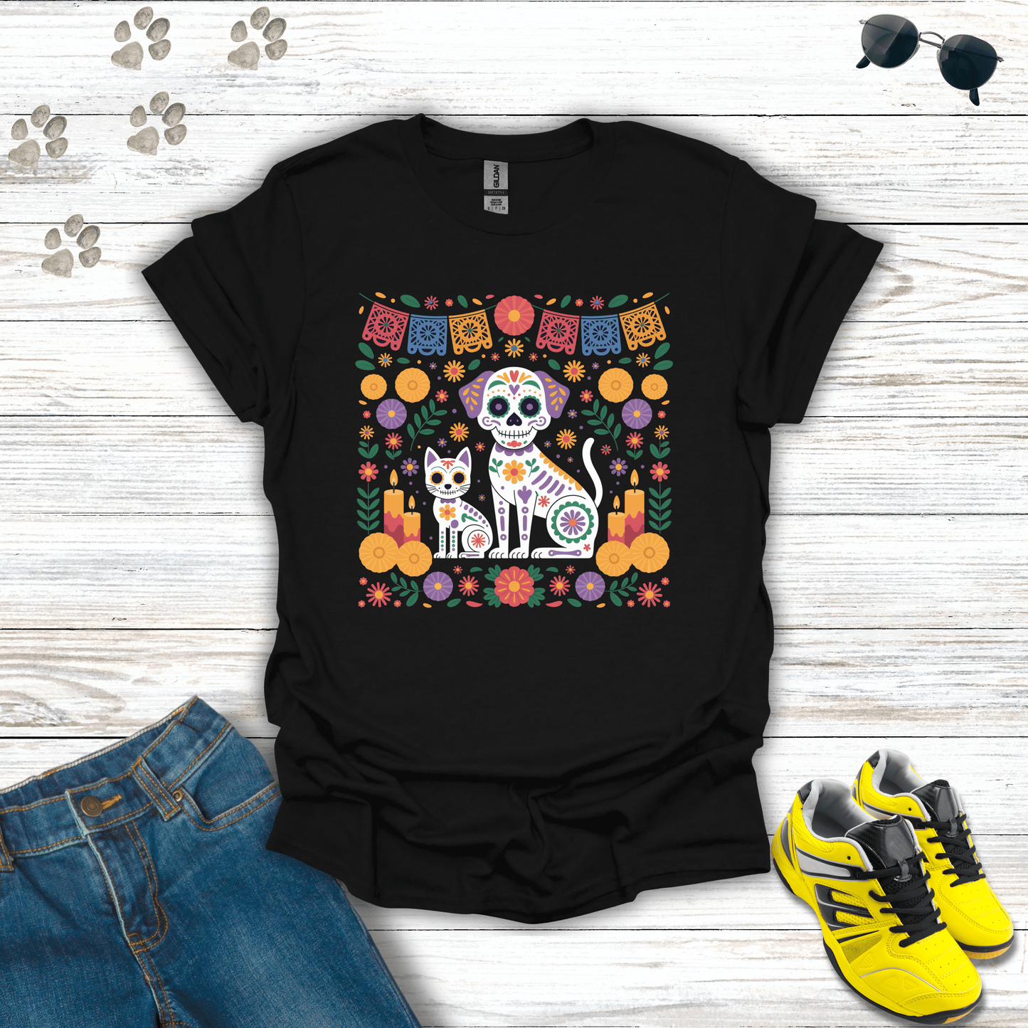 Pet Ofrenda Sugar Skull Dog & Cat with Marigolds T-Shirt Black / S unisex graphic t-shirt