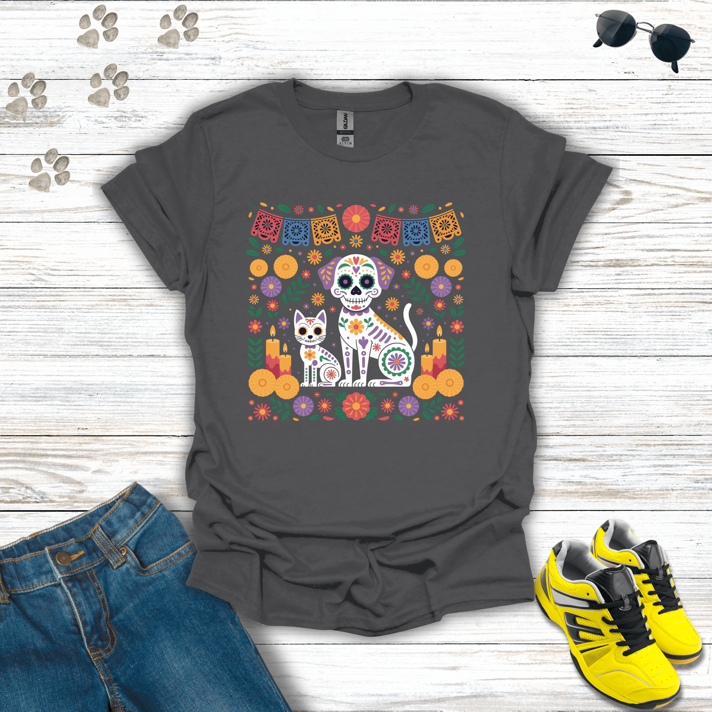 Pet Ofrenda Sugar Skull Dog & Cat with Marigolds T-Shirt Charcoal / S unisex graphic t-shirt