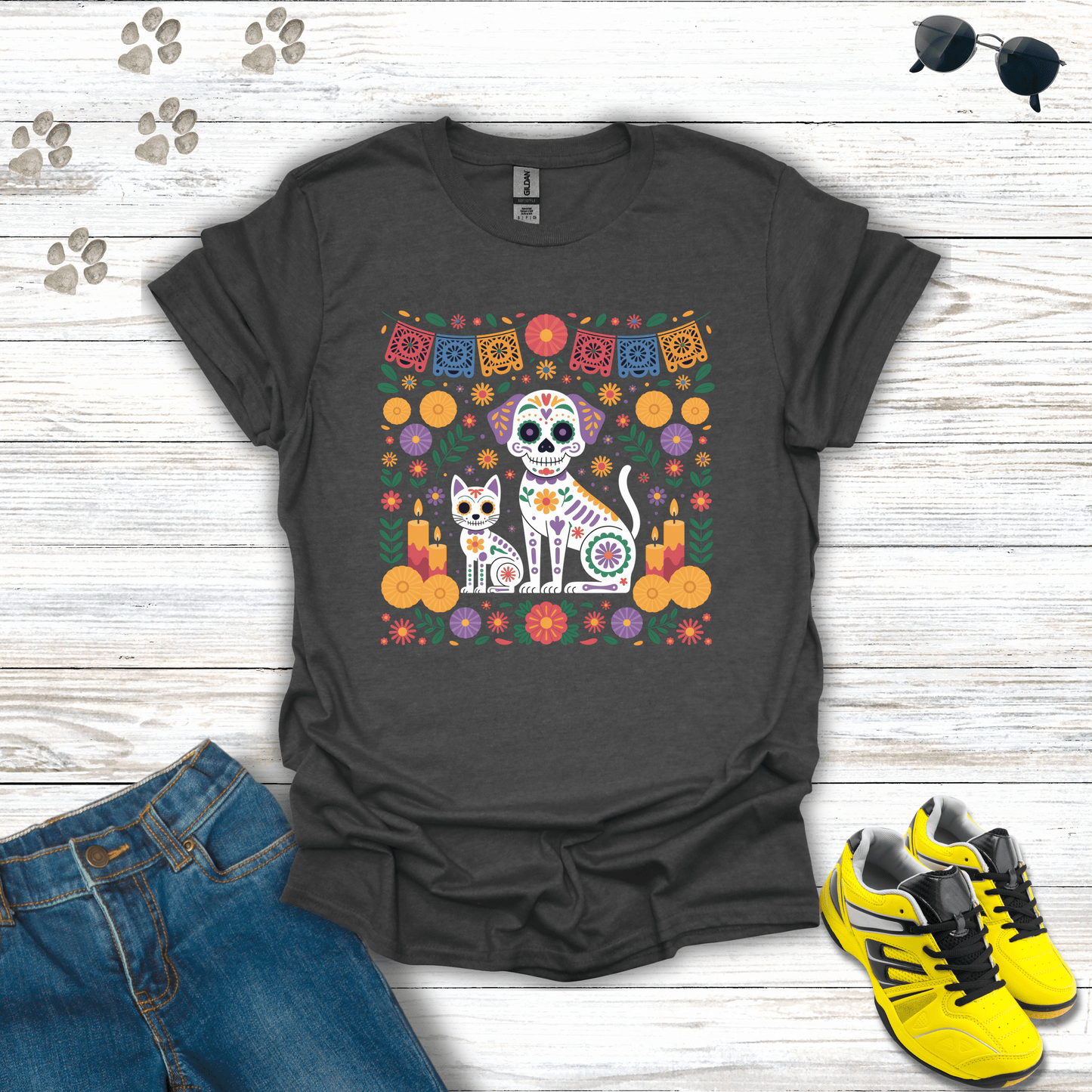 Pet Ofrenda Sugar Skull Dog & Cat with Marigolds T-Shirt Dark Heather / S unisex graphic t-shirt