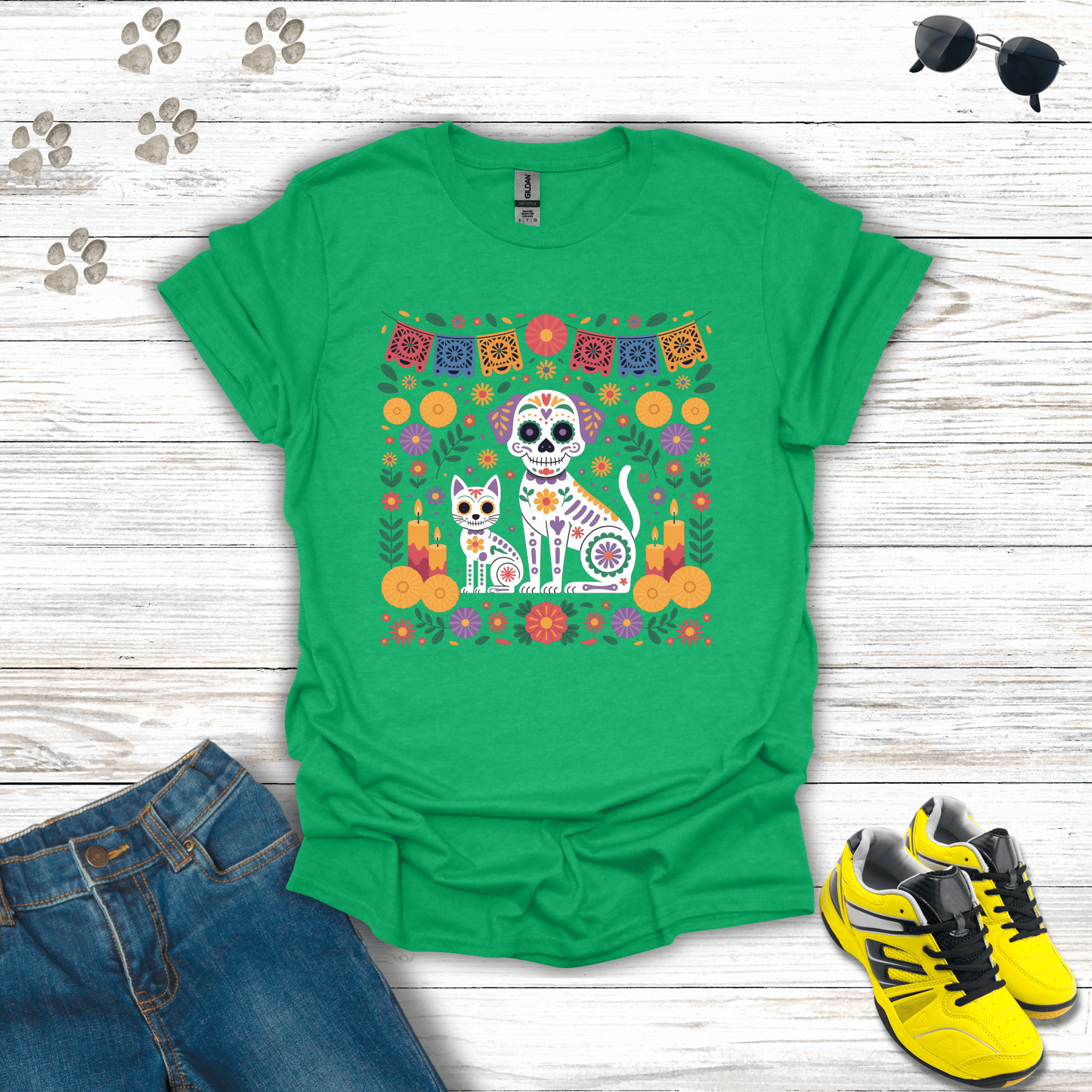 Pet Ofrenda Sugar Skull Dog & Cat with Marigolds T-Shirt Heather Irish Green / S unisex graphic t-shirt
