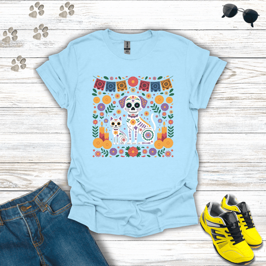 Pet Ofrenda Sugar Skull Dog & Cat with Marigolds T-Shirt Light Blue / S unisex graphic t-shirt