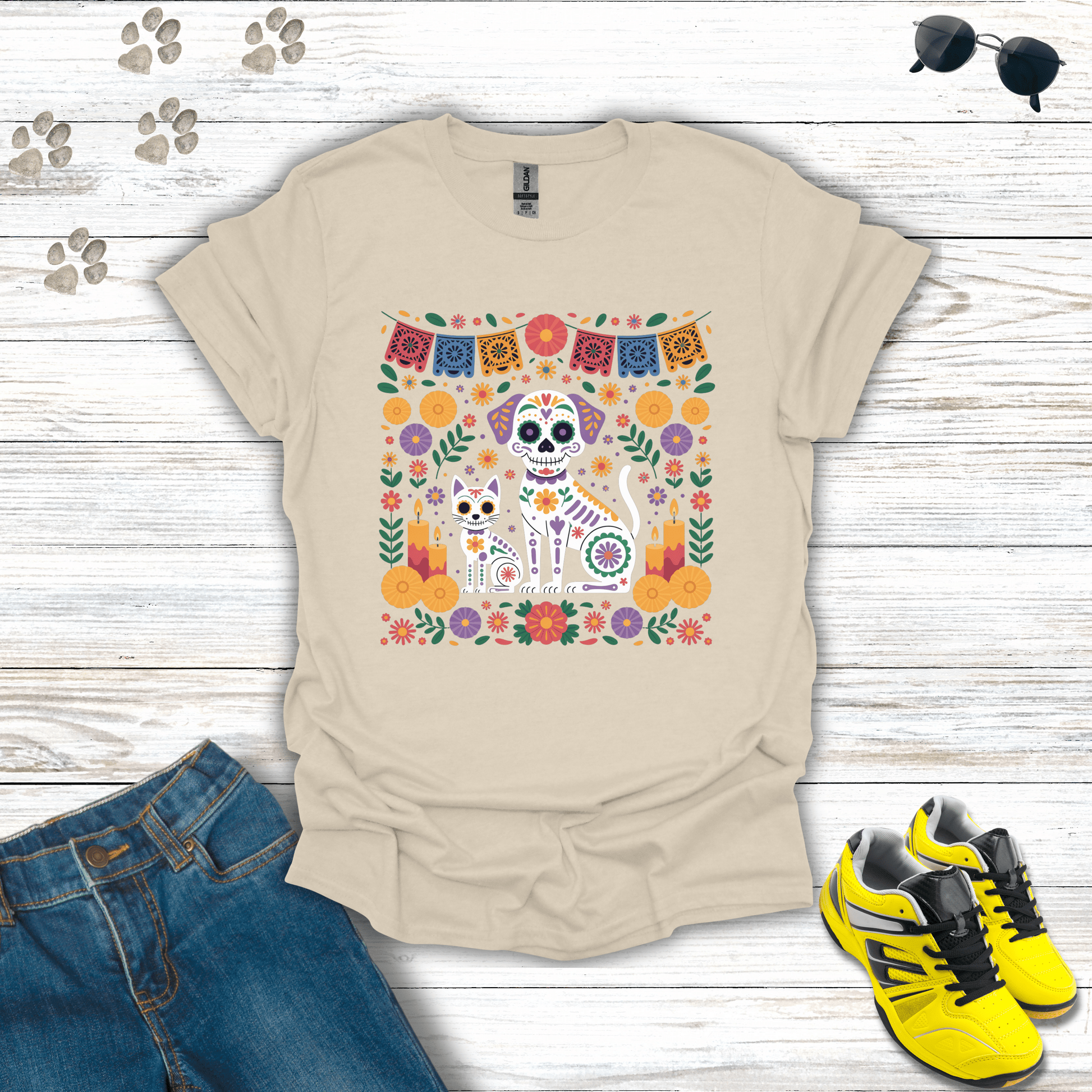 Pet Ofrenda Sugar Skull Dog & Cat with Marigolds T-Shirt Natural / S unisex graphic t-shirt