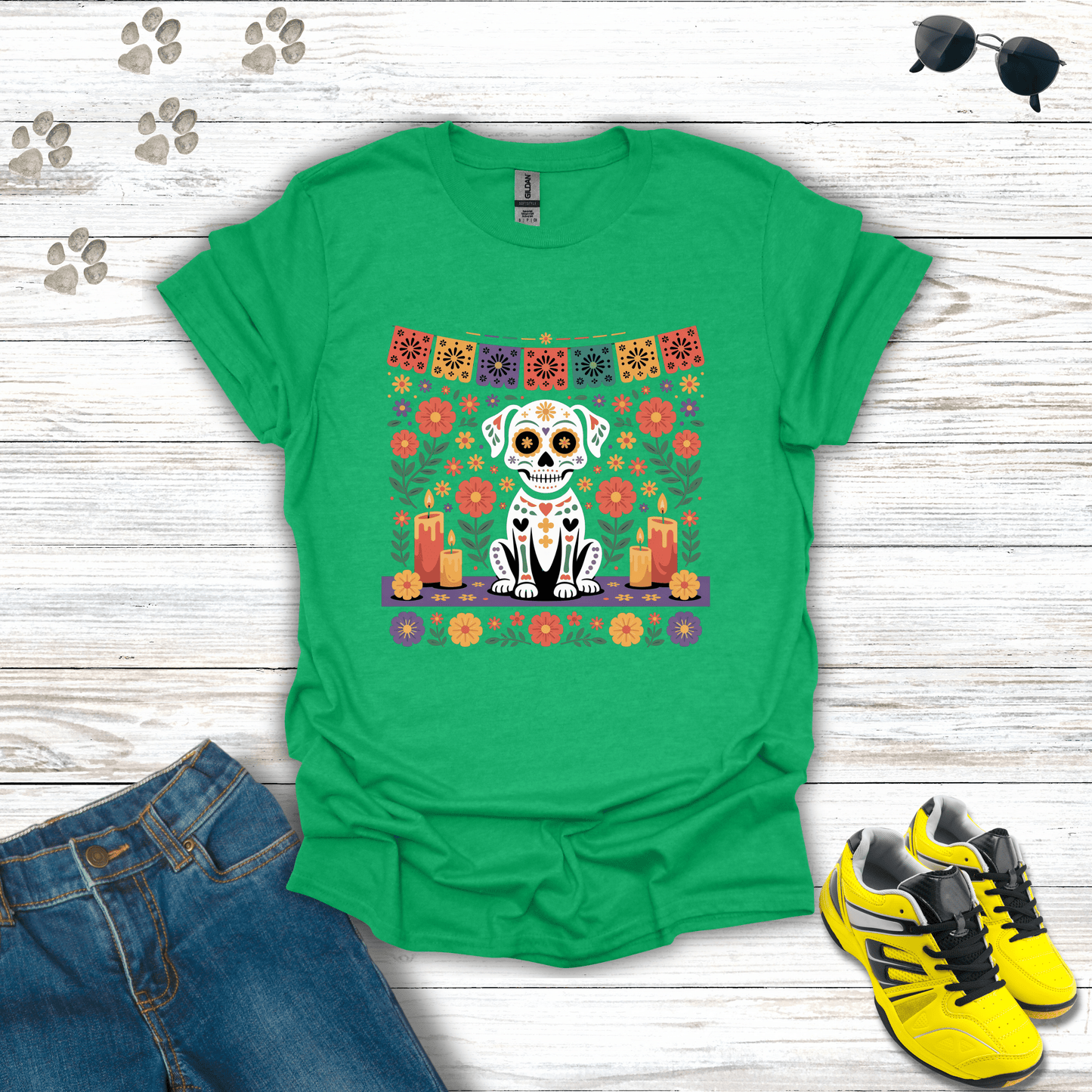 Pet Ofrenda Sugar Skull Dog T-Shirt Heather Irish Green / S unisex graphic t-shirt