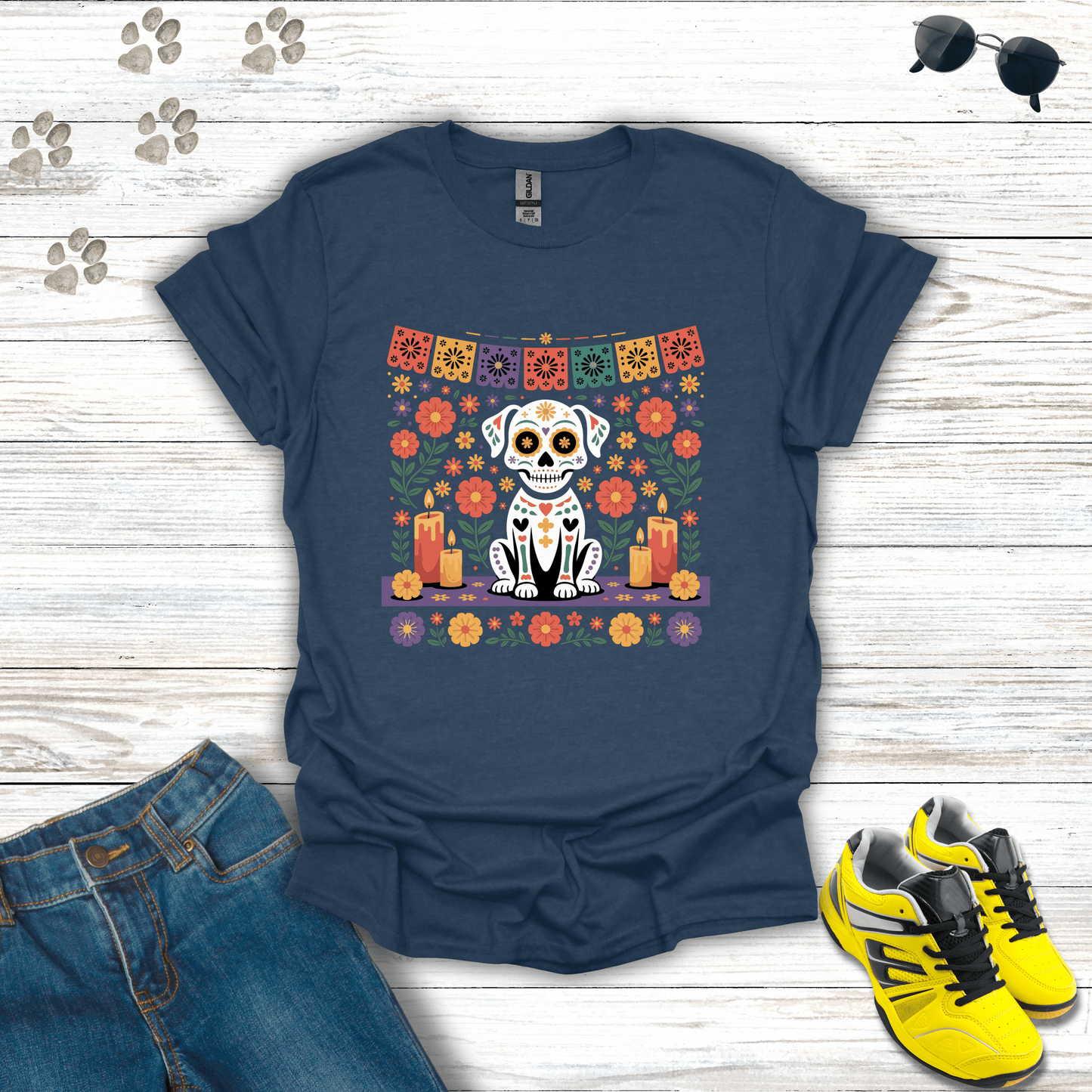 Pet Ofrenda Sugar Skull Dog T-Shirt Heather Navy / S unisex graphic t-shirt