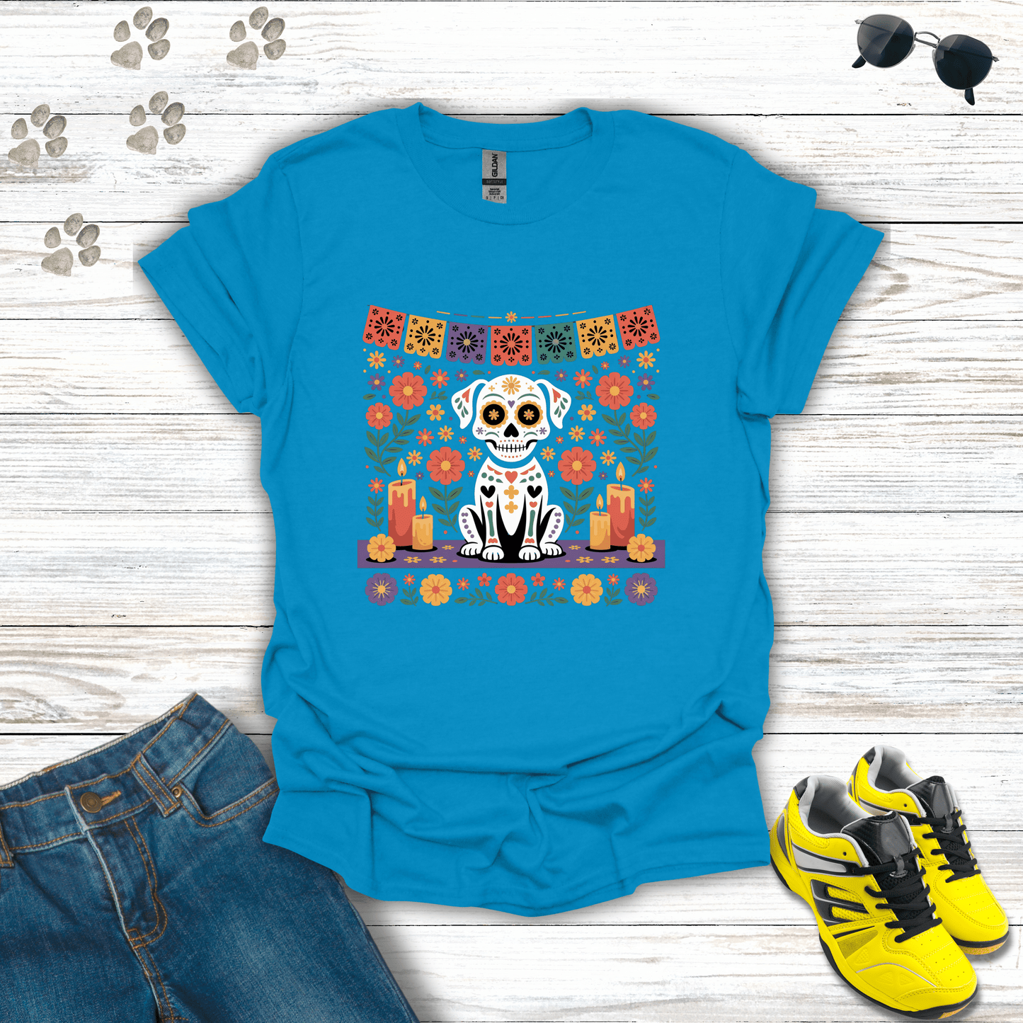 Pet Ofrenda Sugar Skull Dog T-Shirt Sapphire / S unisex graphic t-shirt