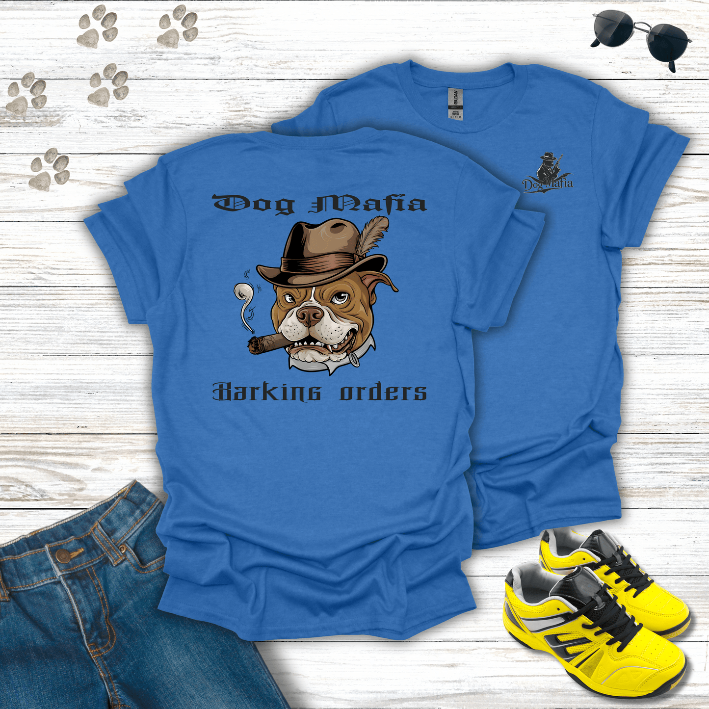 Pitbull Dog Mafia T-shirt in Heather Royal — bold Pitbull mobster design