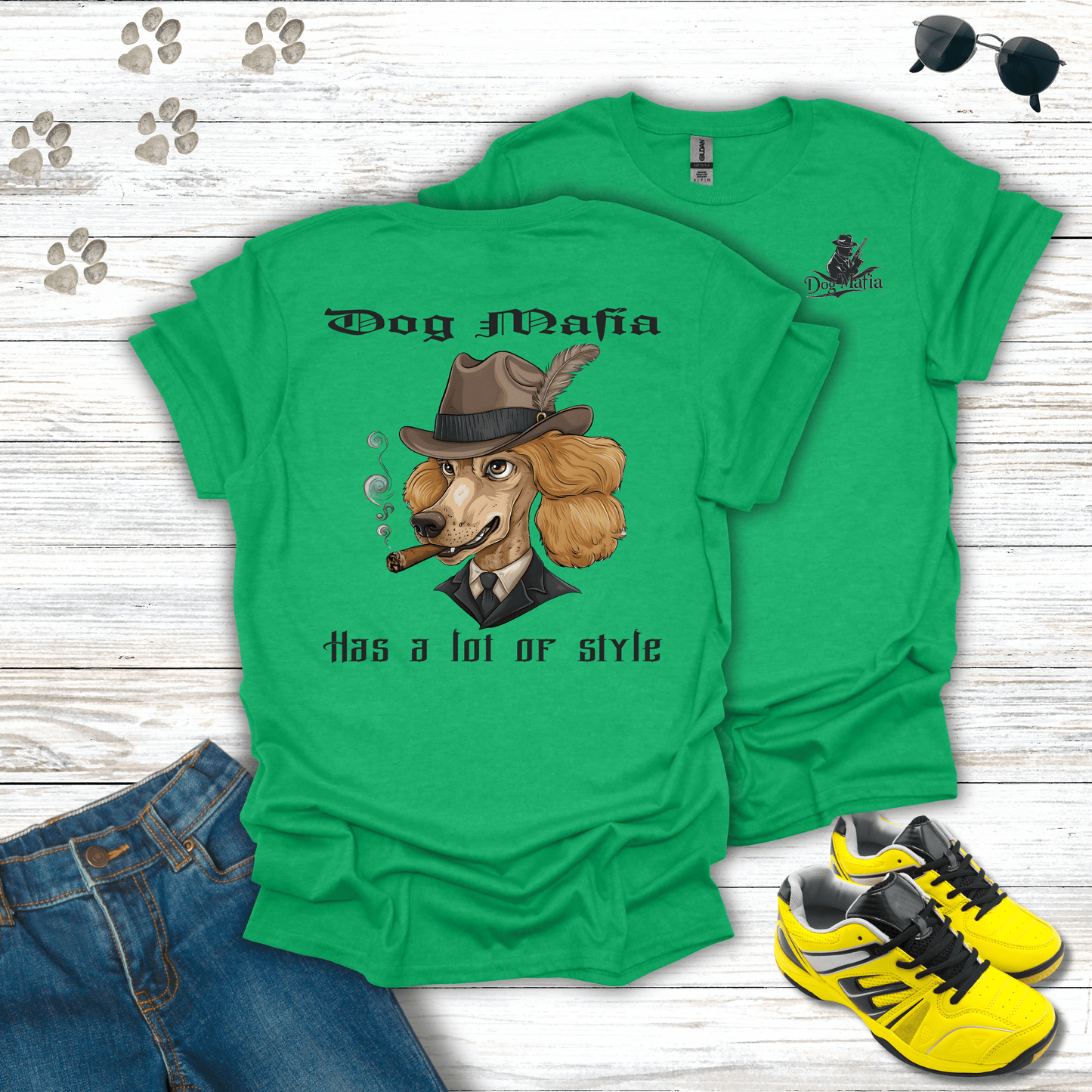Poodle Dog Mafia T-shirt in Heather Irish Green — humorous Poodle mob boss design