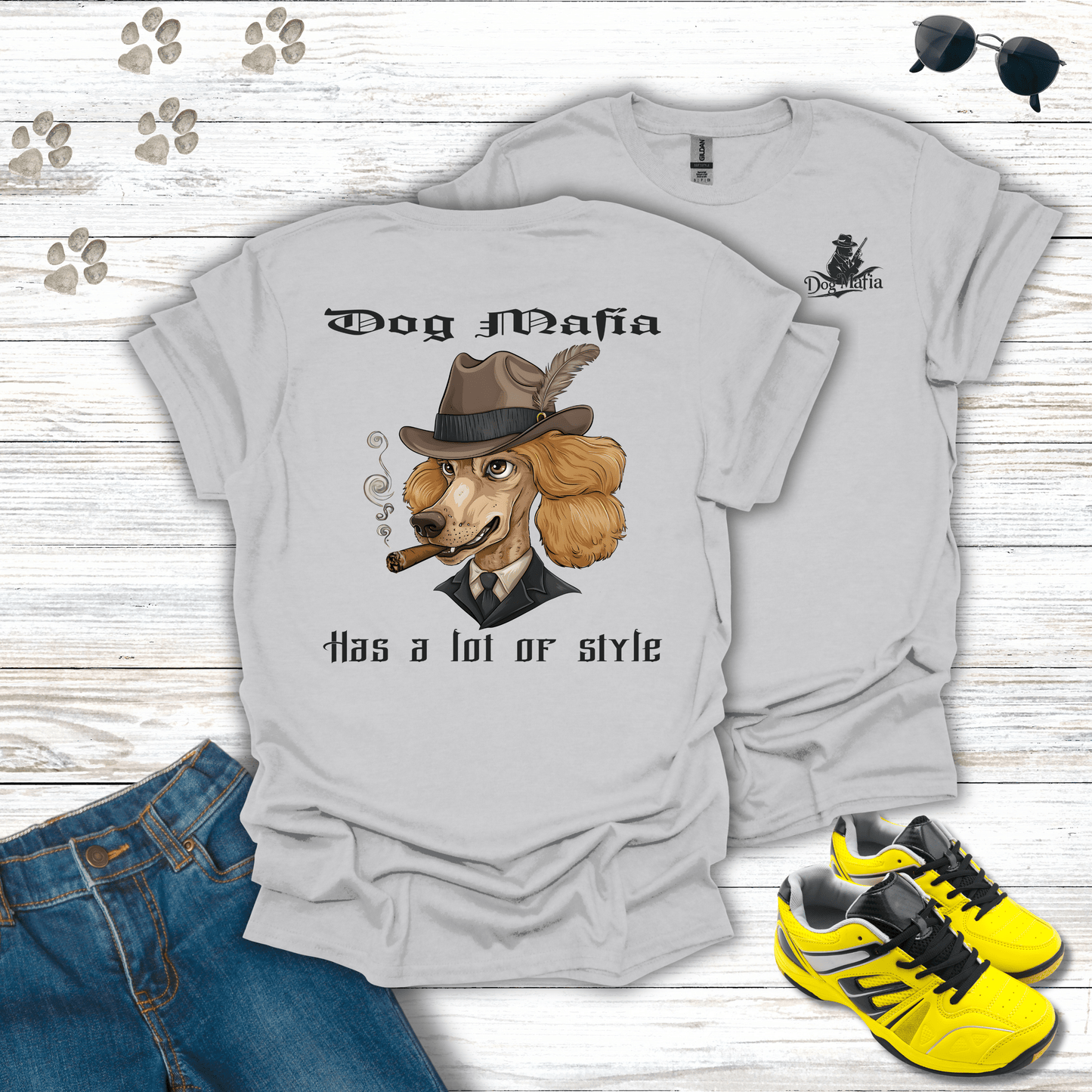 Poodle Dog Mafia T-shirt in Ice Grey — funny Poodle Dog Mafia design