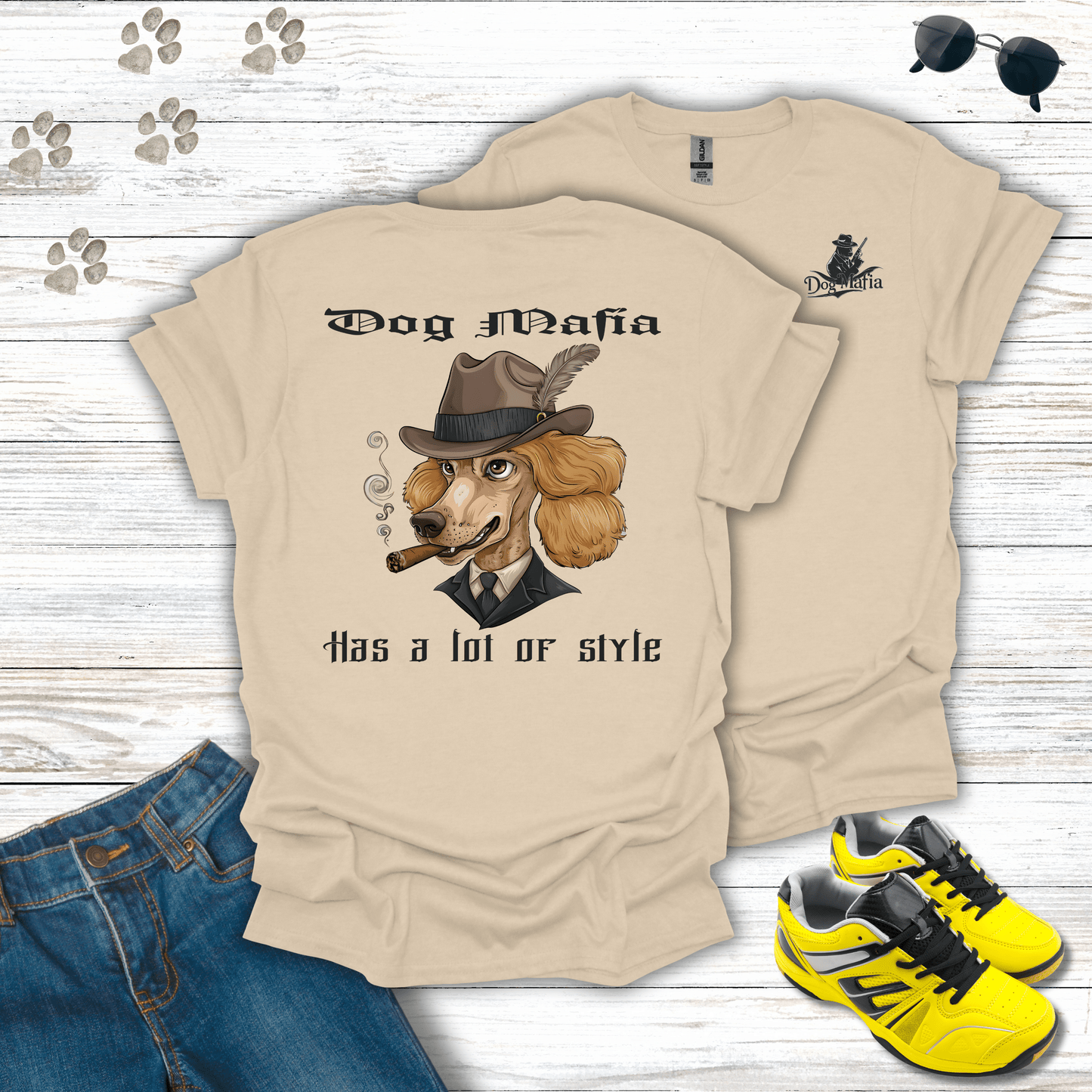 Poodle Dog Mafia T-shirt in Sand — playful Poodle mafia dog shirt