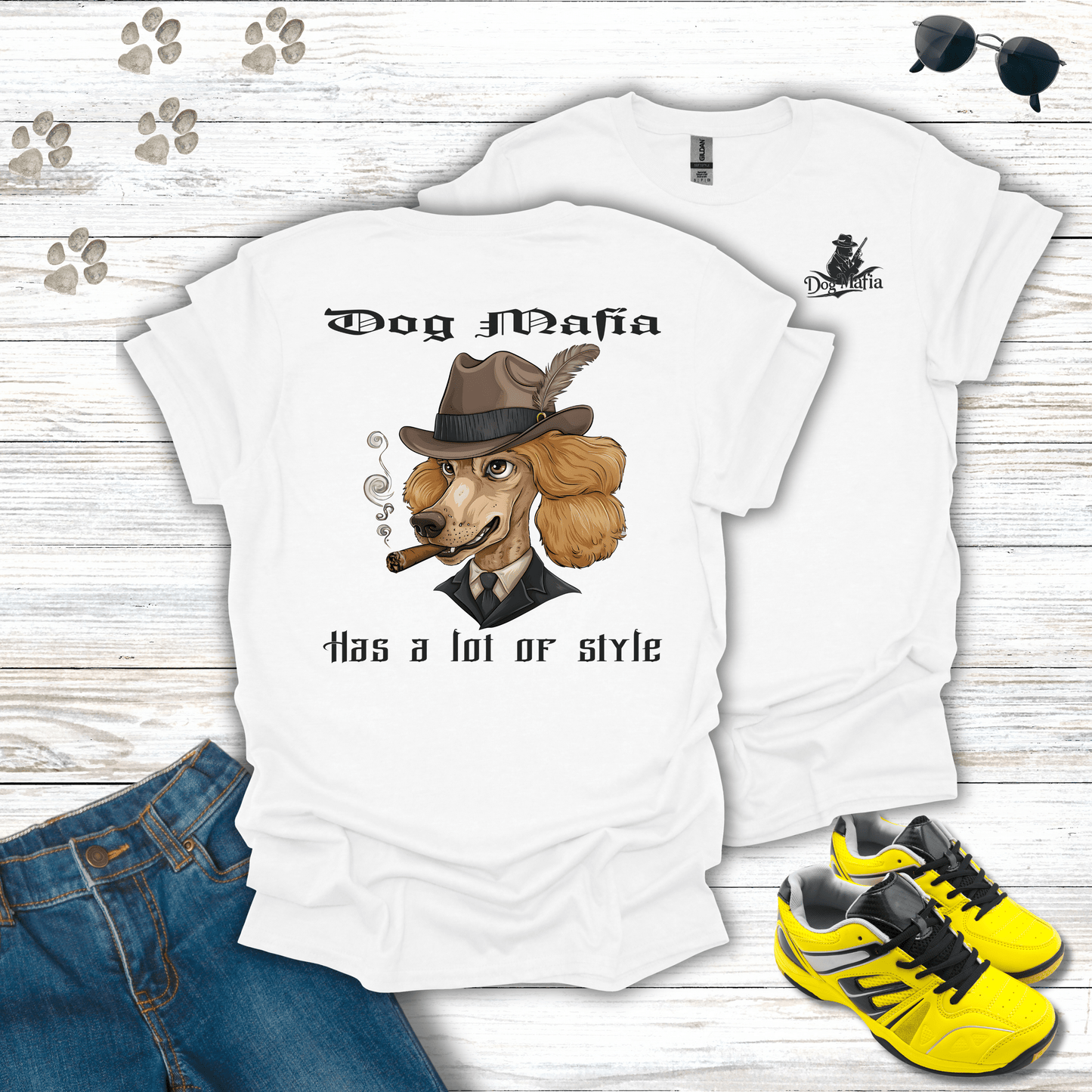 Poodle Dog Mafia T-shirt in White — elegant Poodle mobster tee
