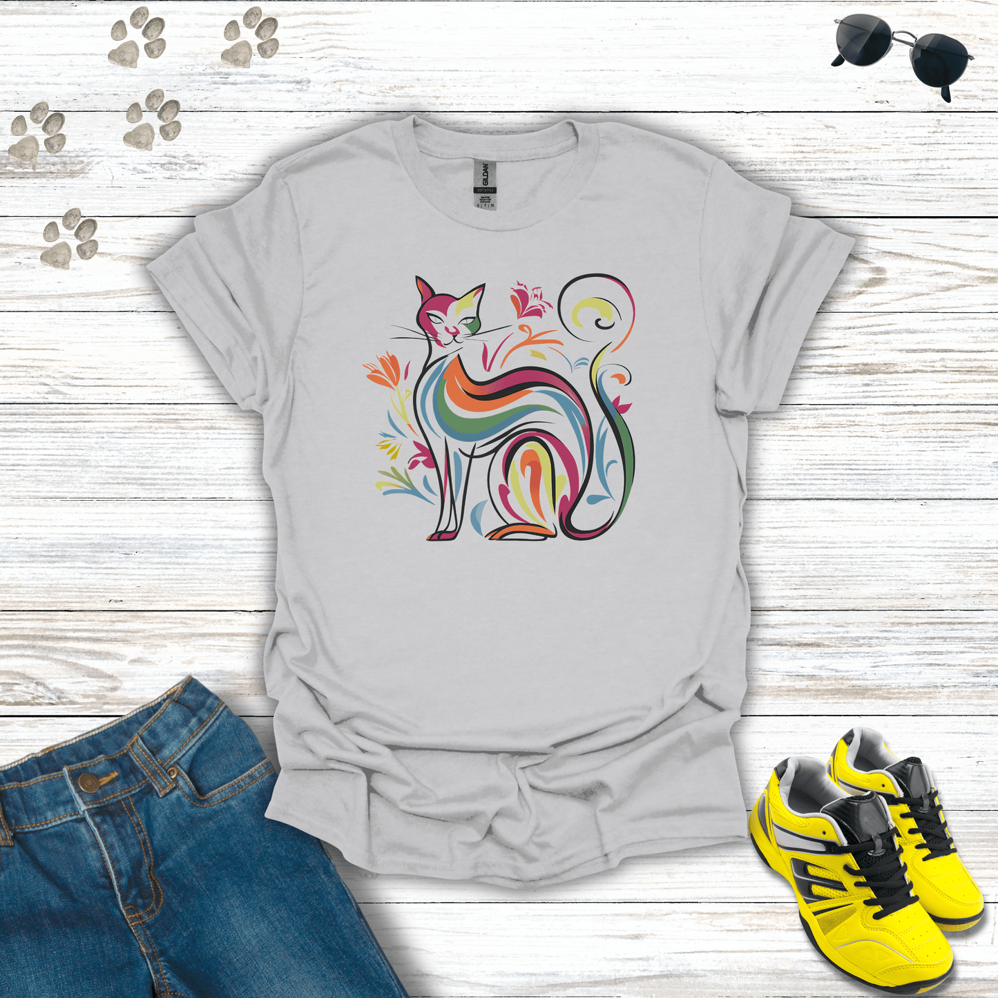 Prismatic Prowl: The Colorful Cat T-Shirt Ice Grey / S unisex graphic t-shirt