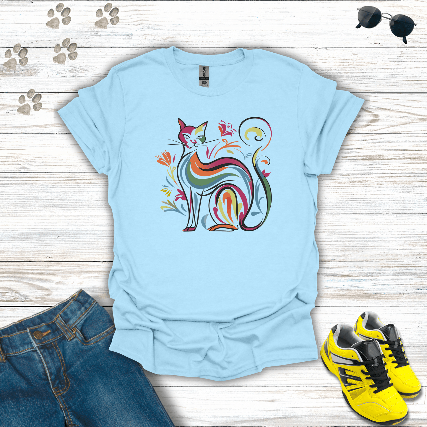 Prismatic Prowl: The Colorful Cat T-Shirt Light Blue / S unisex graphic t-shirt