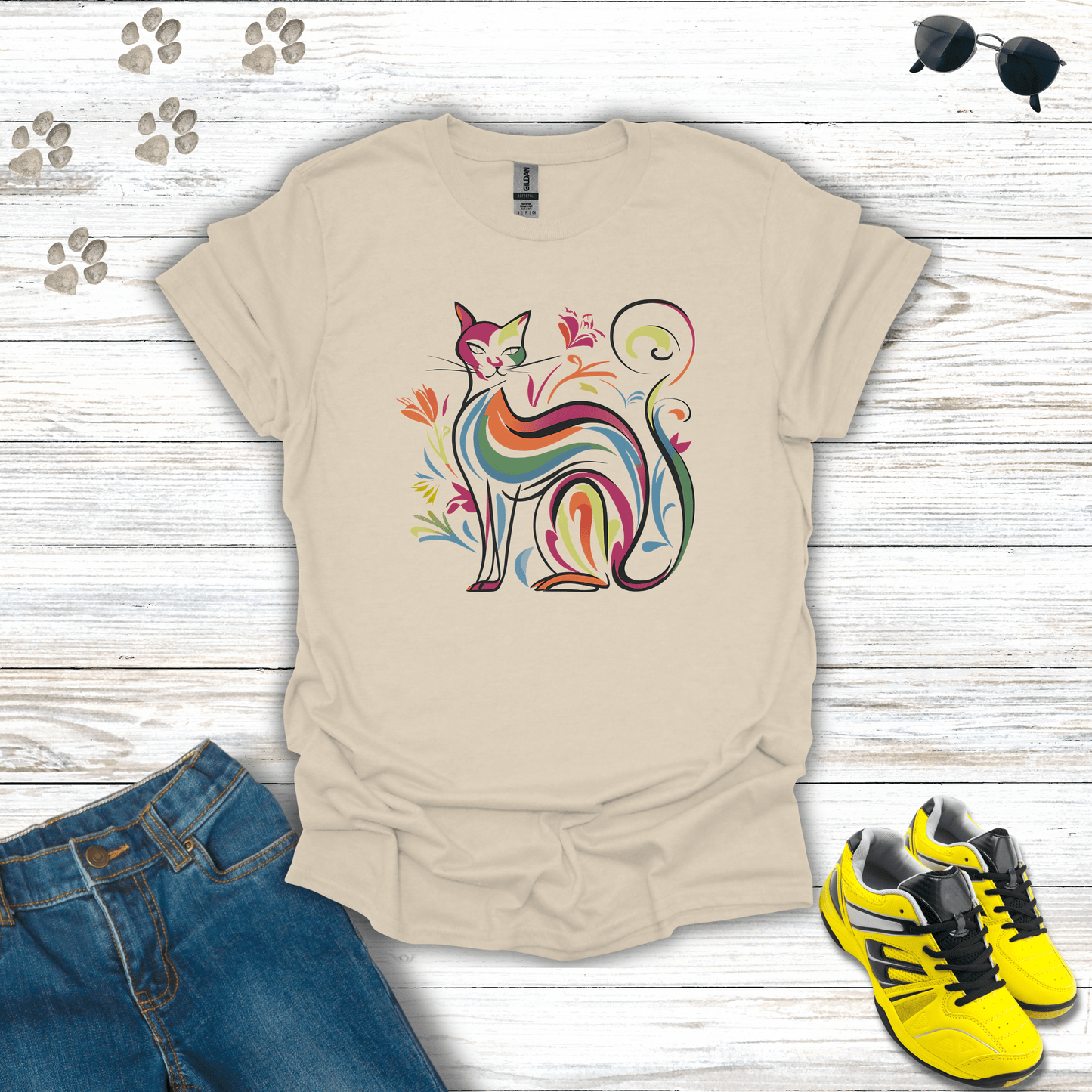 Prismatic Prowl: The Colorful Cat T-Shirt Natural / S unisex graphic t-shirt