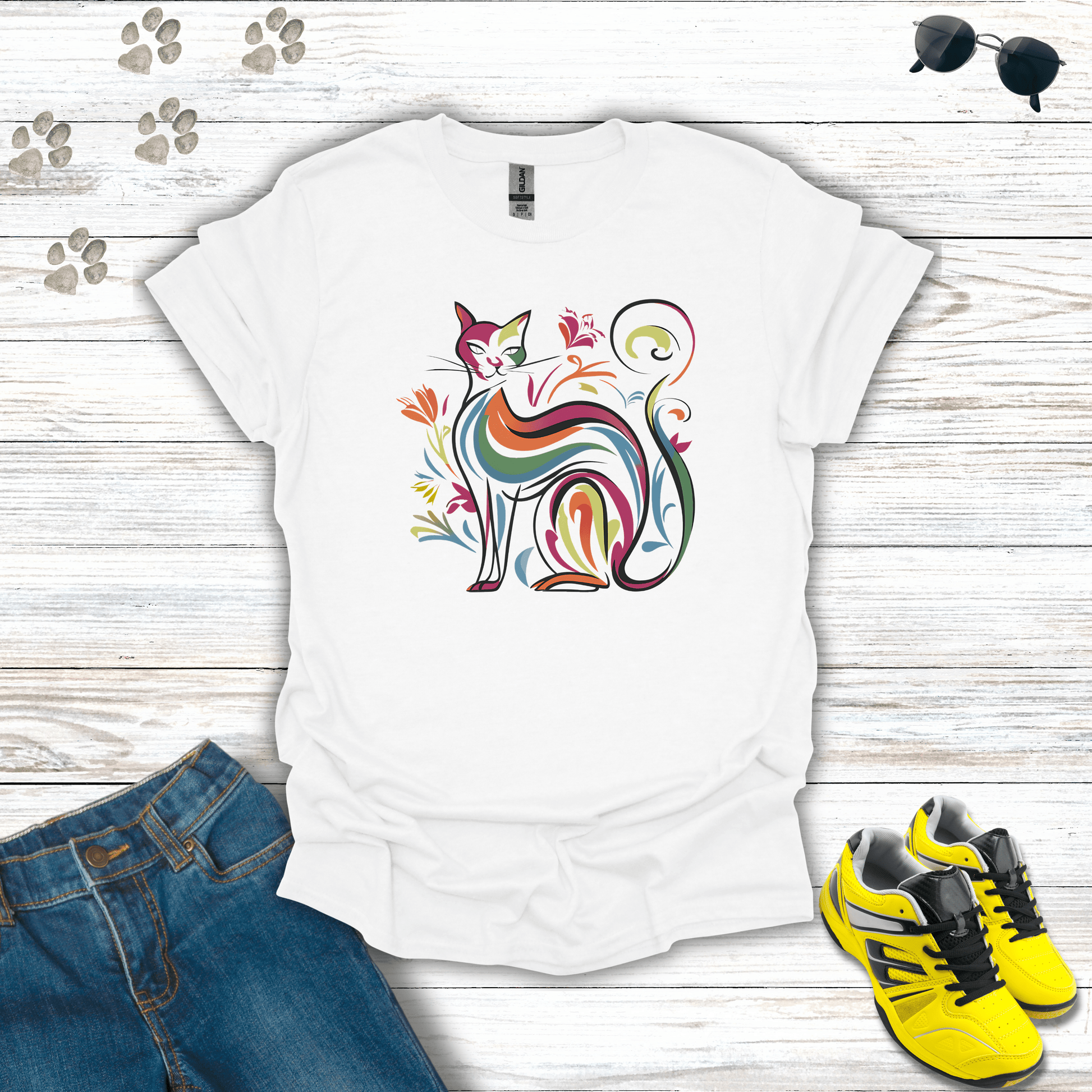 Prismatic Prowl: The Colorful Cat T-Shirt White / S unisex graphic t-shirt