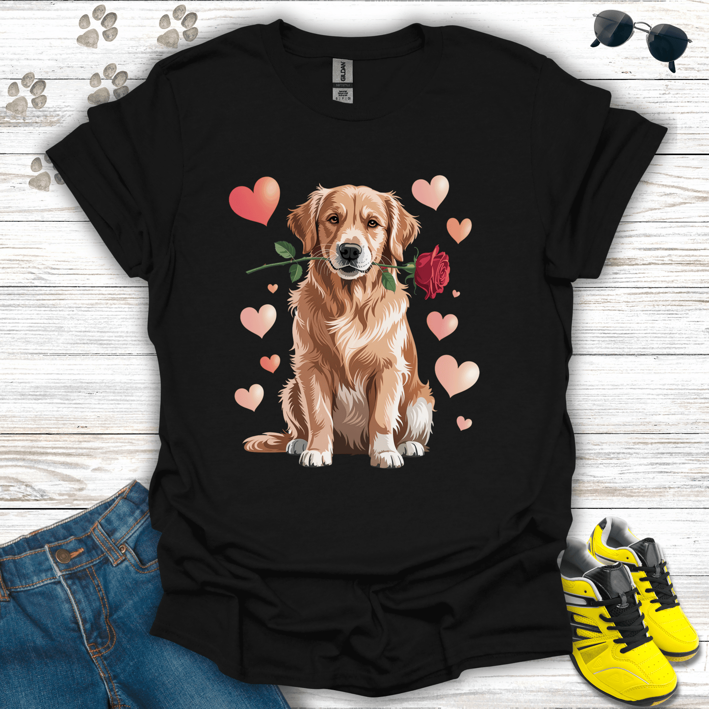 Golden Retriever with rose and soft pink hearts on black Valentine shirt