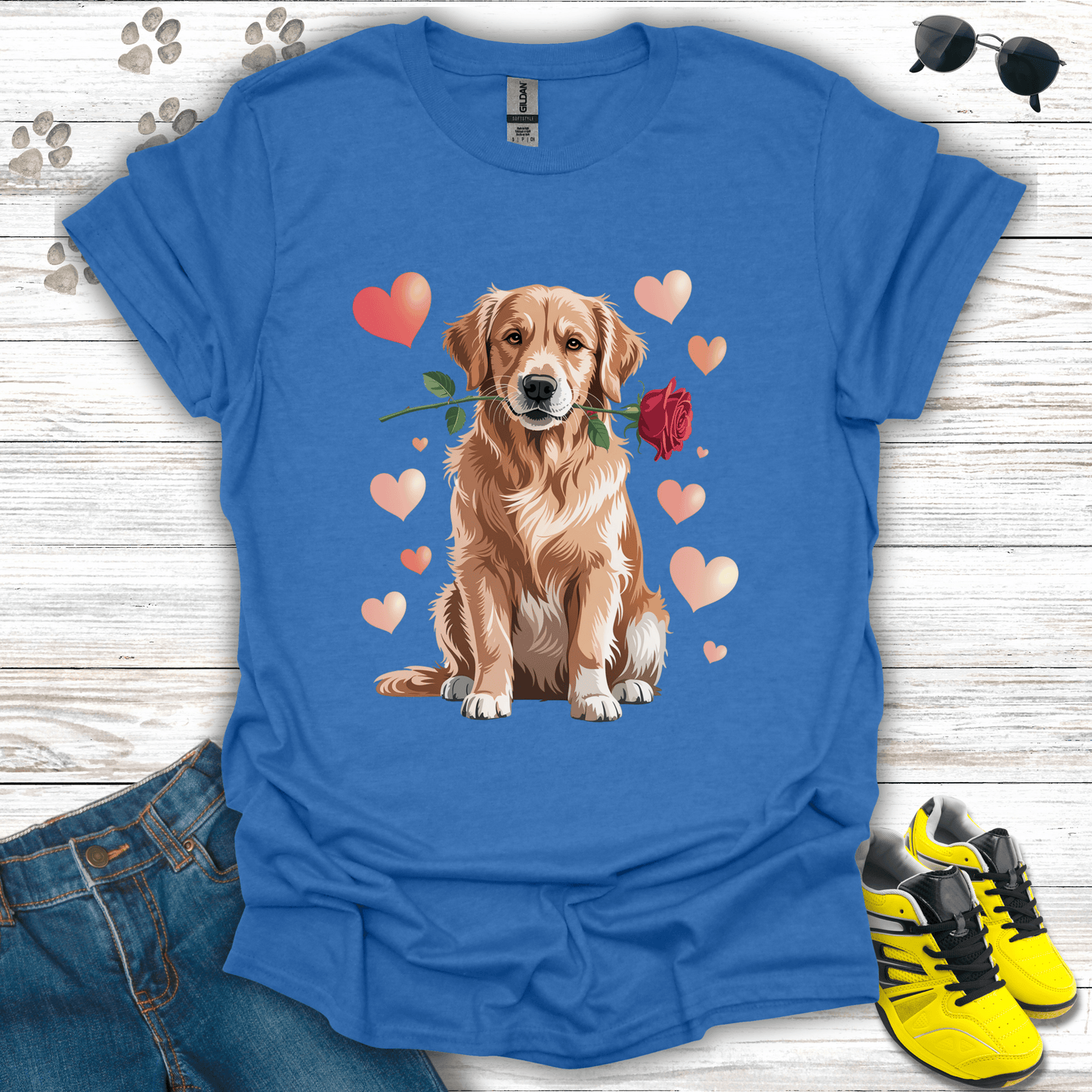 Golden Retriever rose and heart Valentine artwork on heather royal tee