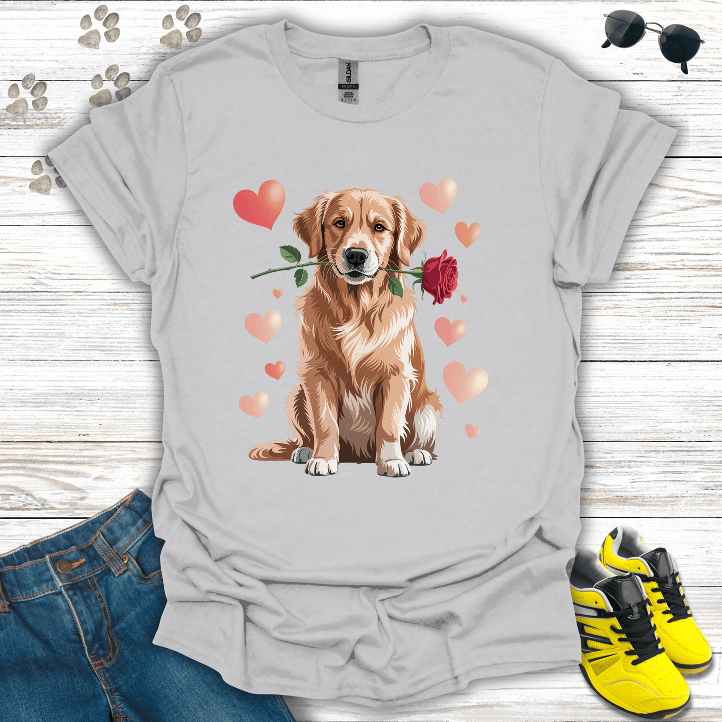 Golden Retriever with rose and blush hearts printed on ice grey tee