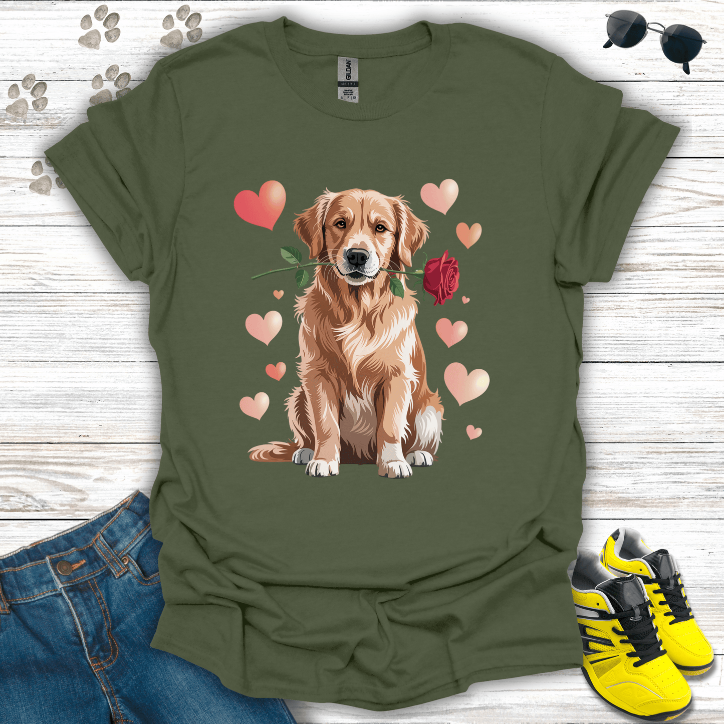 Golden Retriever rose and heart Valentine design on military green tee