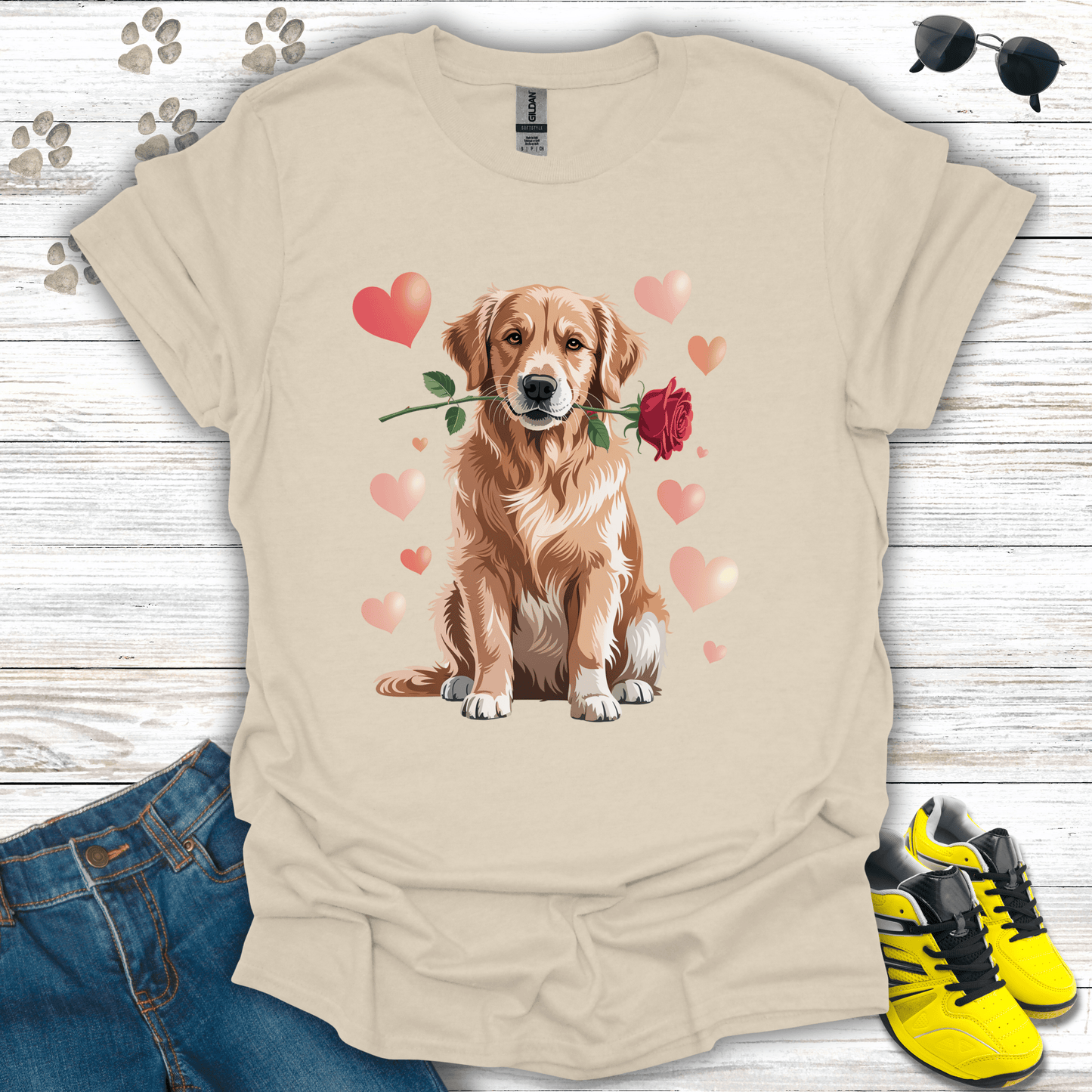 Golden Retriever rose and heart Valentine design on natural tee