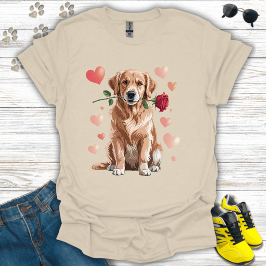 Golden Retriever rose and heart Valentine design on natural tee