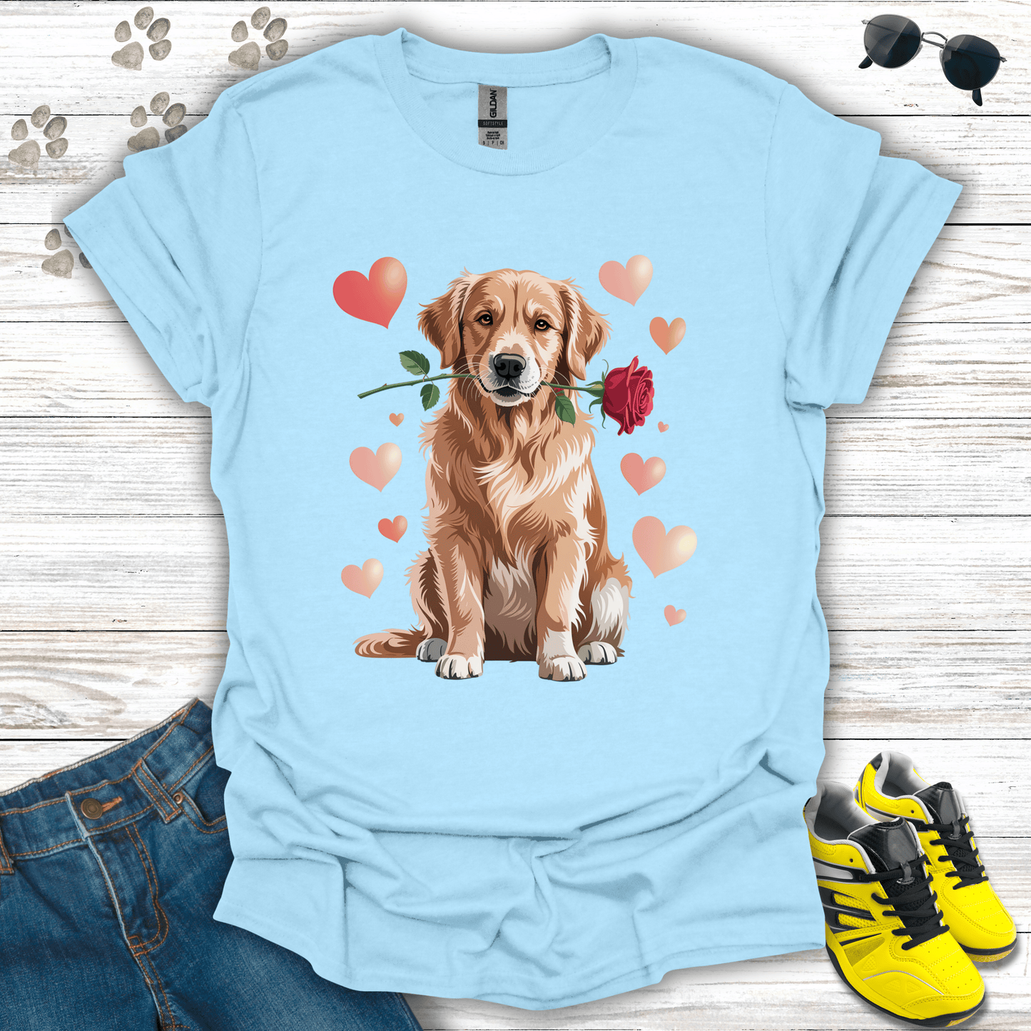 Golden Retriever Valentine rose and heart design on light blue shirt