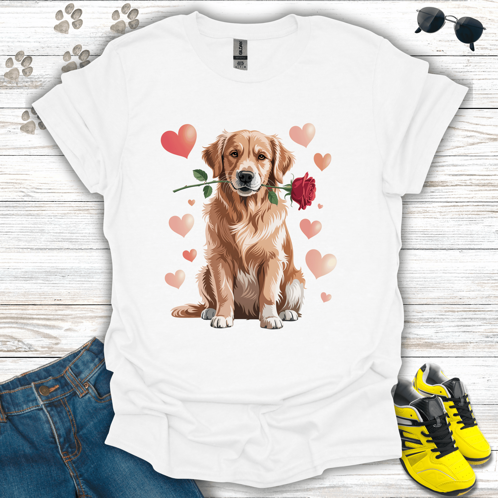 Golden Retriever with rose and blush hearts printed on white Valentine T-shirt