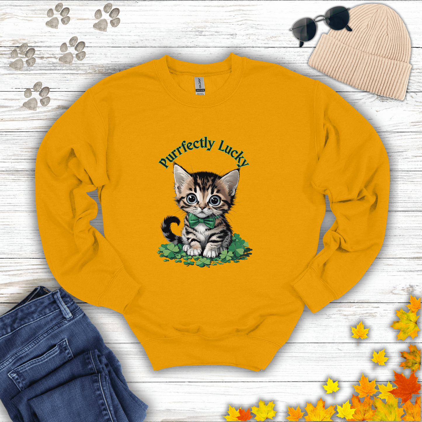 Purrfectly Lucky Cat Sweatshirt S / Gold unisex graphic t-shirt