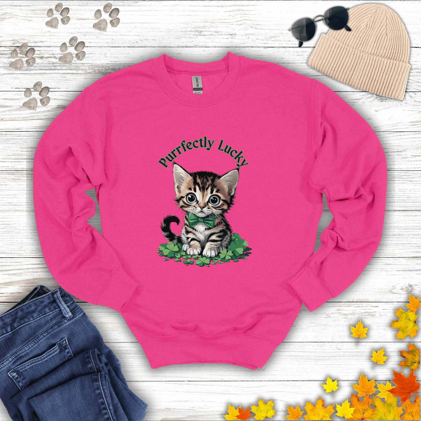 Purrfectly Lucky Cat Sweatshirt S / Heliconia unisex graphic t-shirt