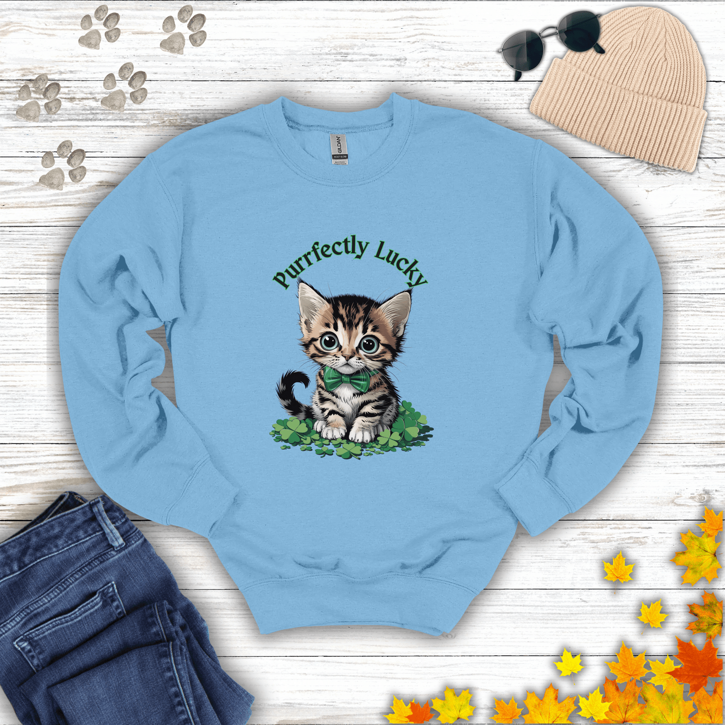 Purrfectly Lucky Cat Sweatshirt S / Light Blue unisex graphic t-shirt