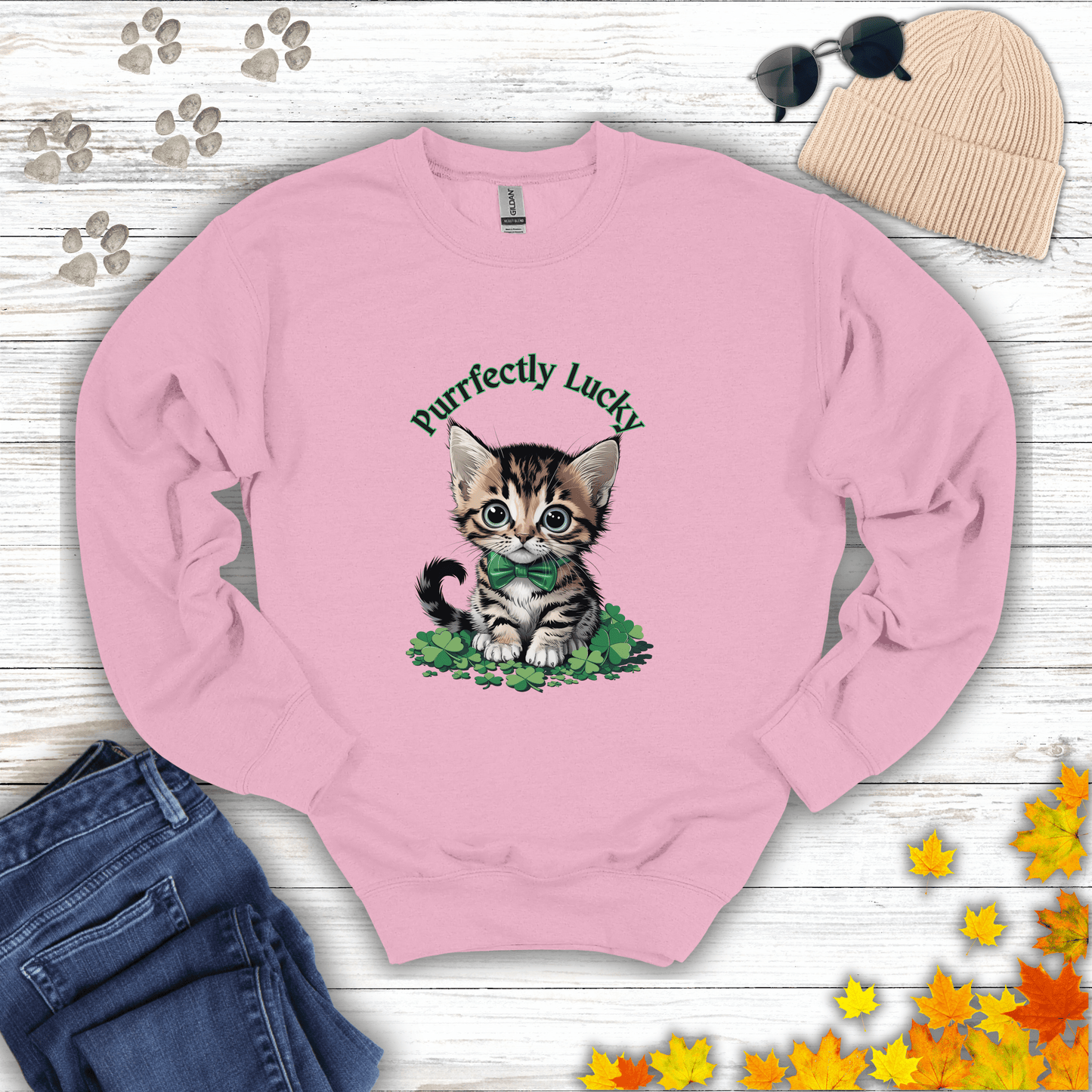Purrfectly Lucky Cat Sweatshirt S / Light Pink unisex graphic t-shirt