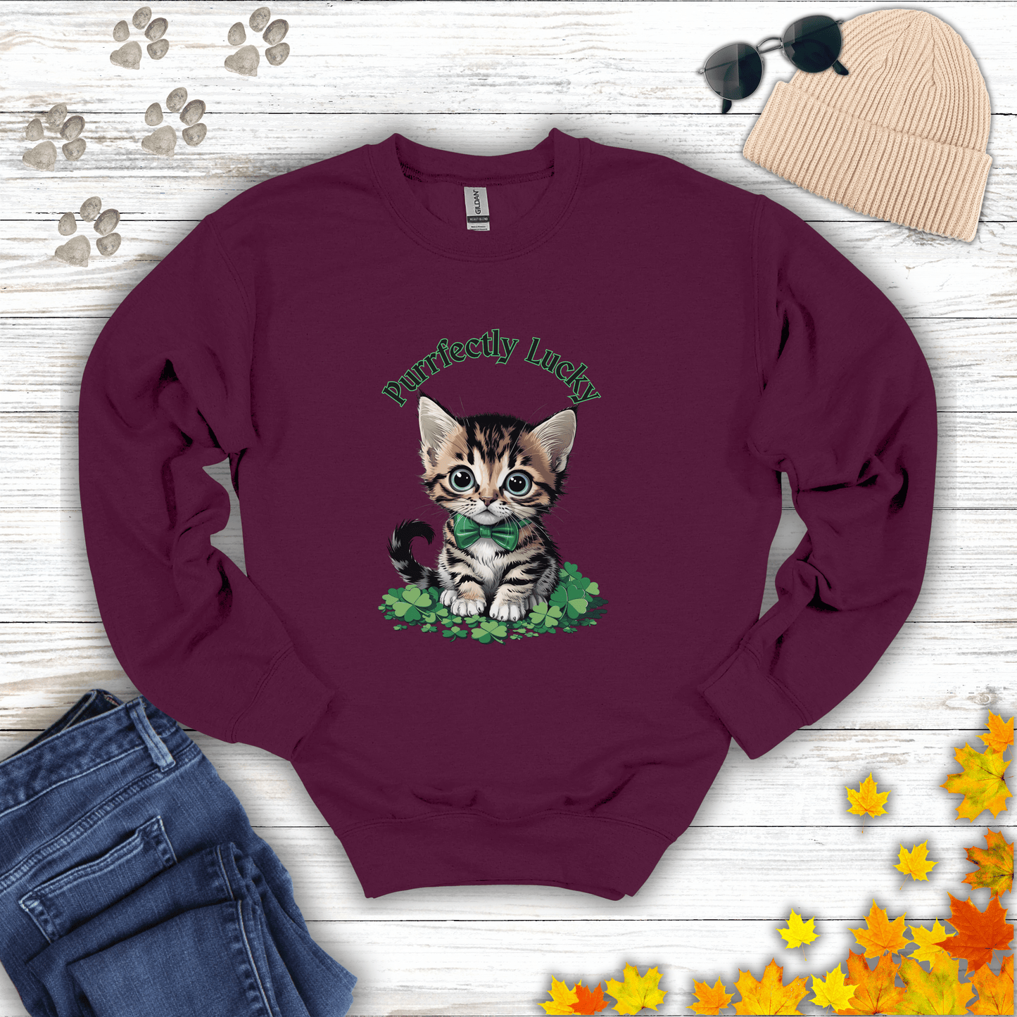 Purrfectly Lucky Cat Sweatshirt S / Maroon unisex graphic t-shirt