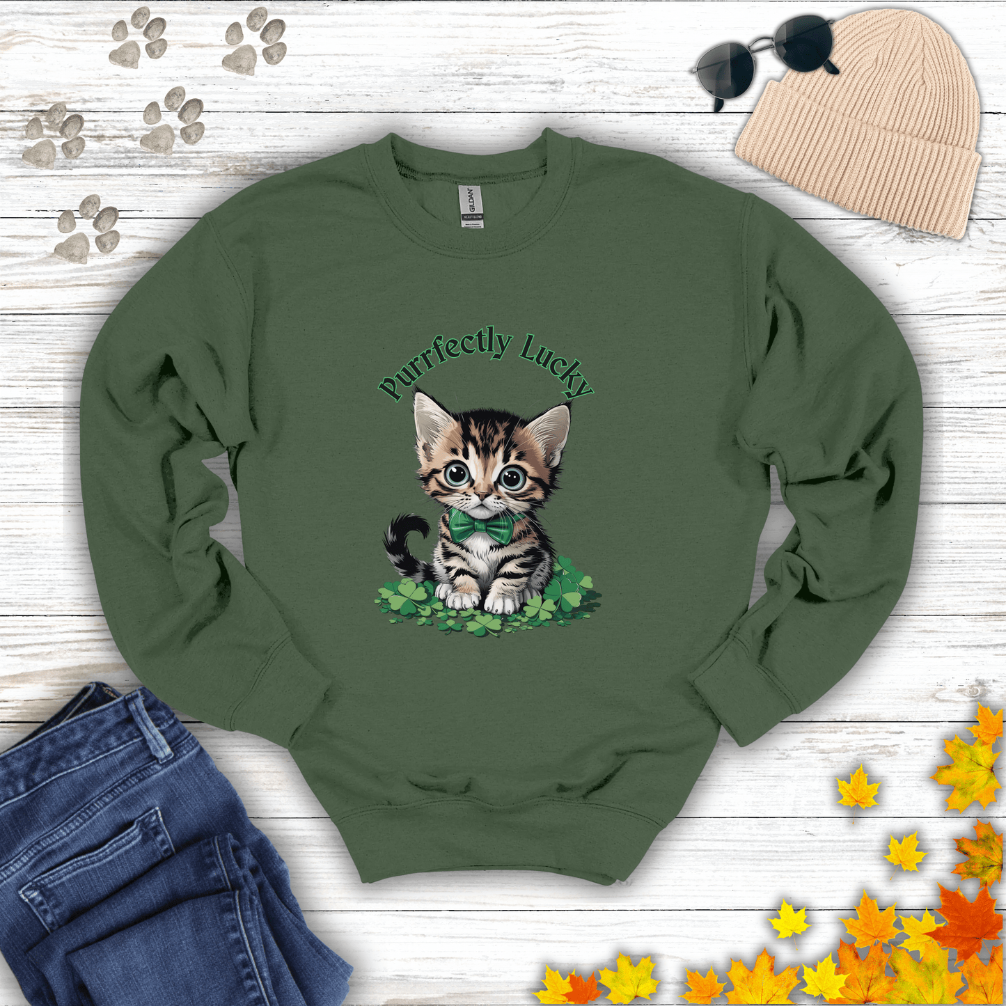 Purrfectly Lucky Cat Sweatshirt S / Military Green unisex graphic t-shirt