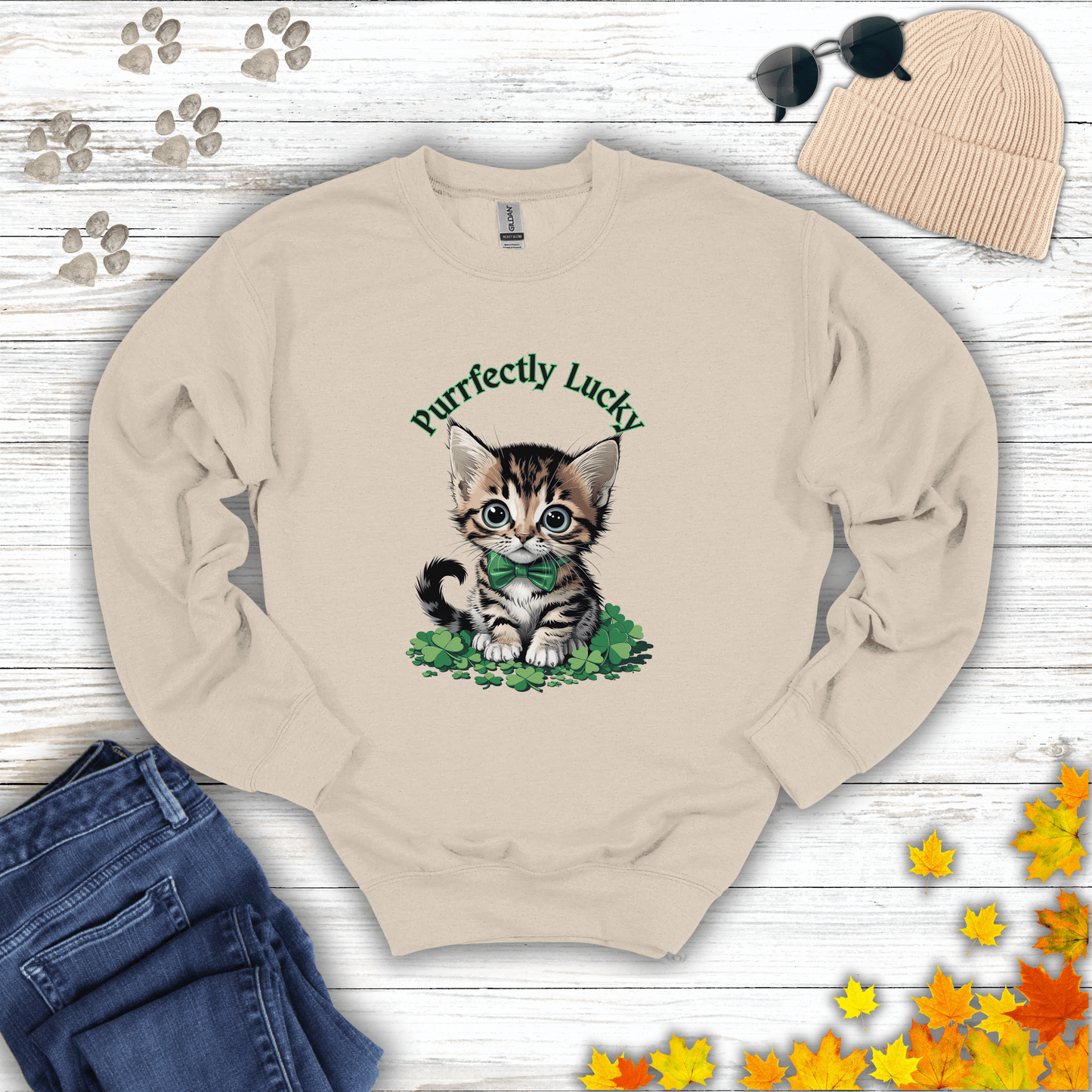 Purrfectly Lucky Cat Sweatshirt S / Sand unisex graphic t-shirt