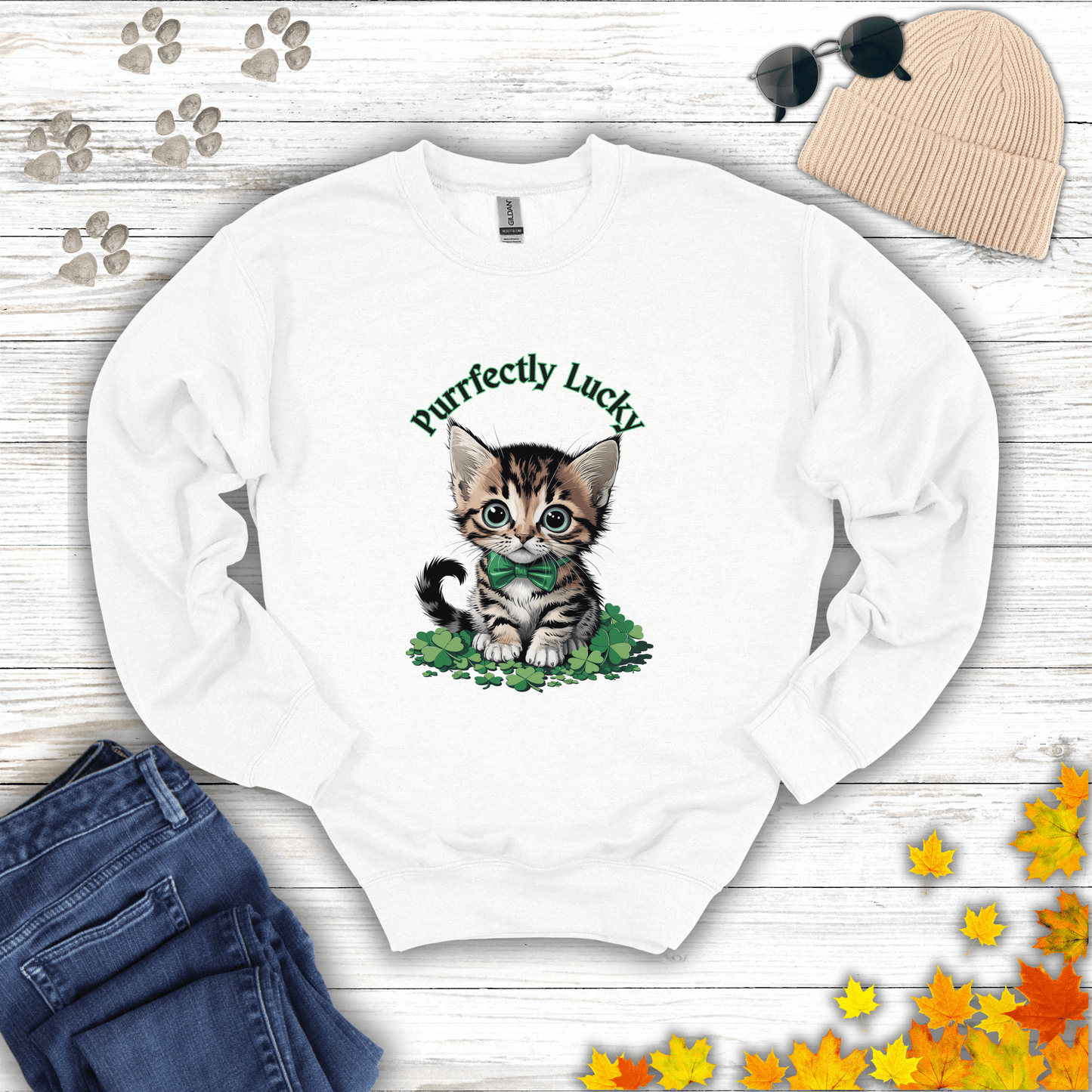 Purrfectly Lucky Cat Sweatshirt S / White unisex graphic t-shirt