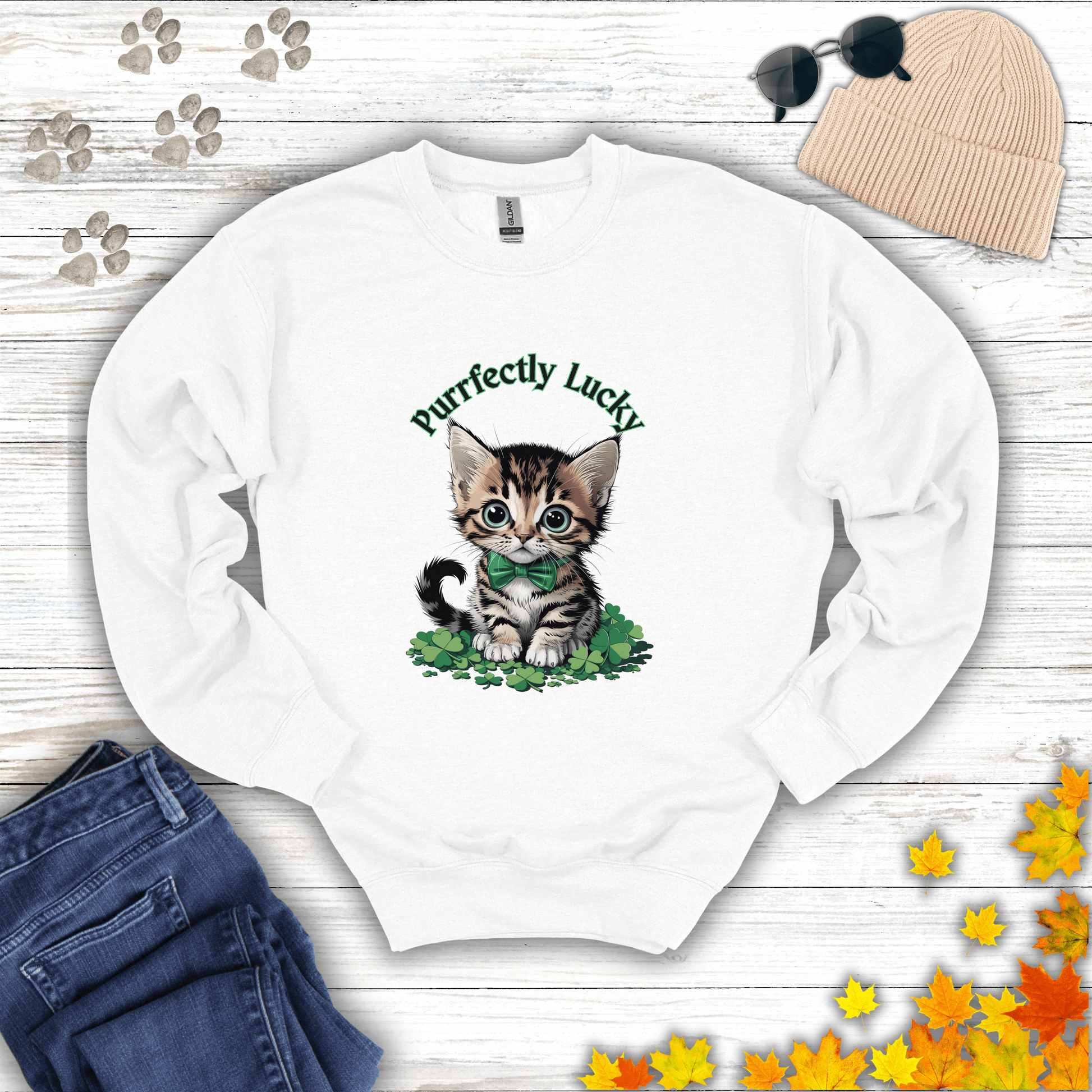 Purrfectly Lucky Cat Sweatshirt S / White unisex graphic t-shirt