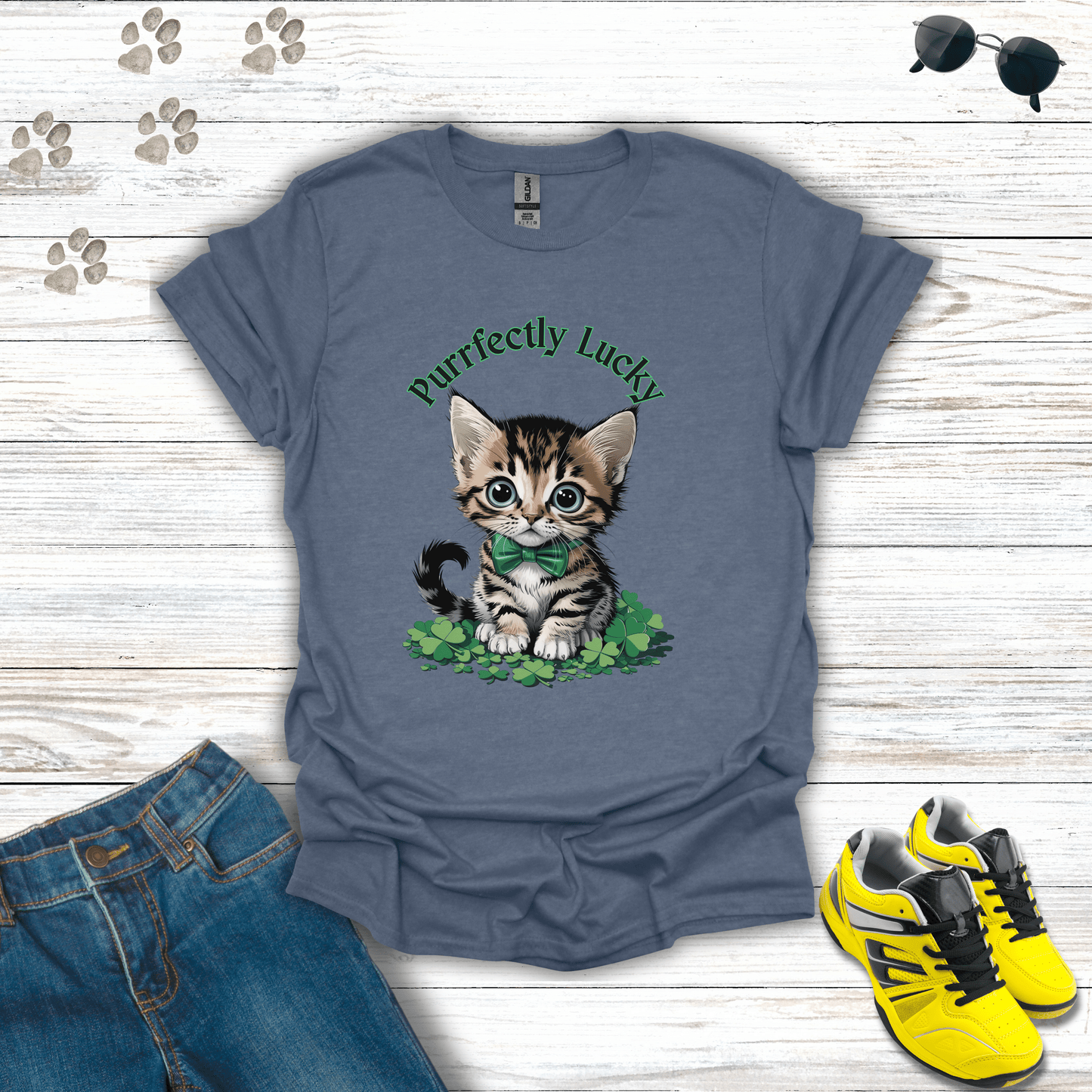 Purrfectly Lucky Cat T-Shirt Heather Indigo / S unisex graphic t-shirt