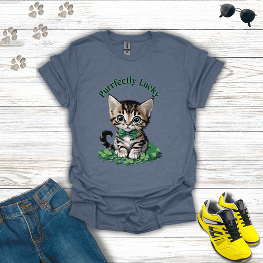 Purrfectly Lucky Cat T-Shirt Heather Indigo / S unisex graphic t-shirt