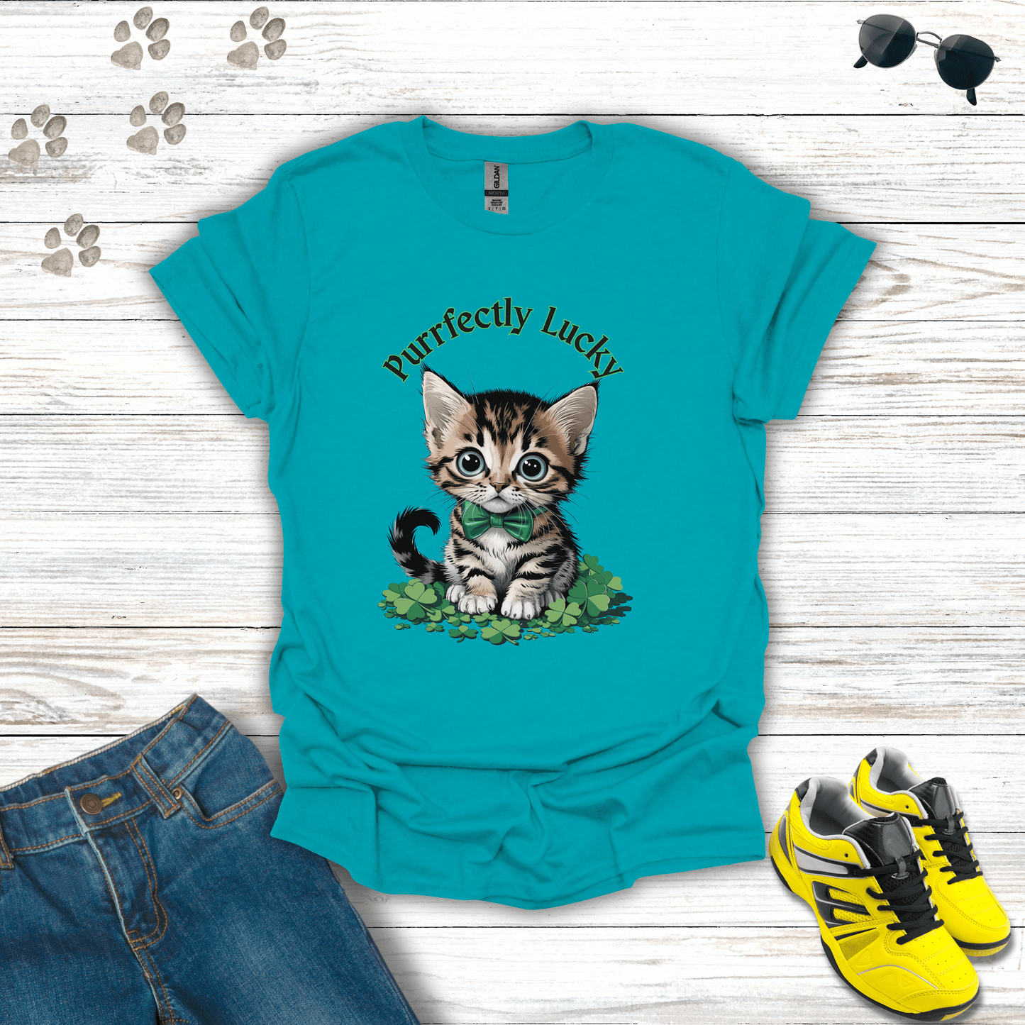 Purrfectly Lucky Cat T-Shirt Tropical Blue / S unisex graphic t-shirt
