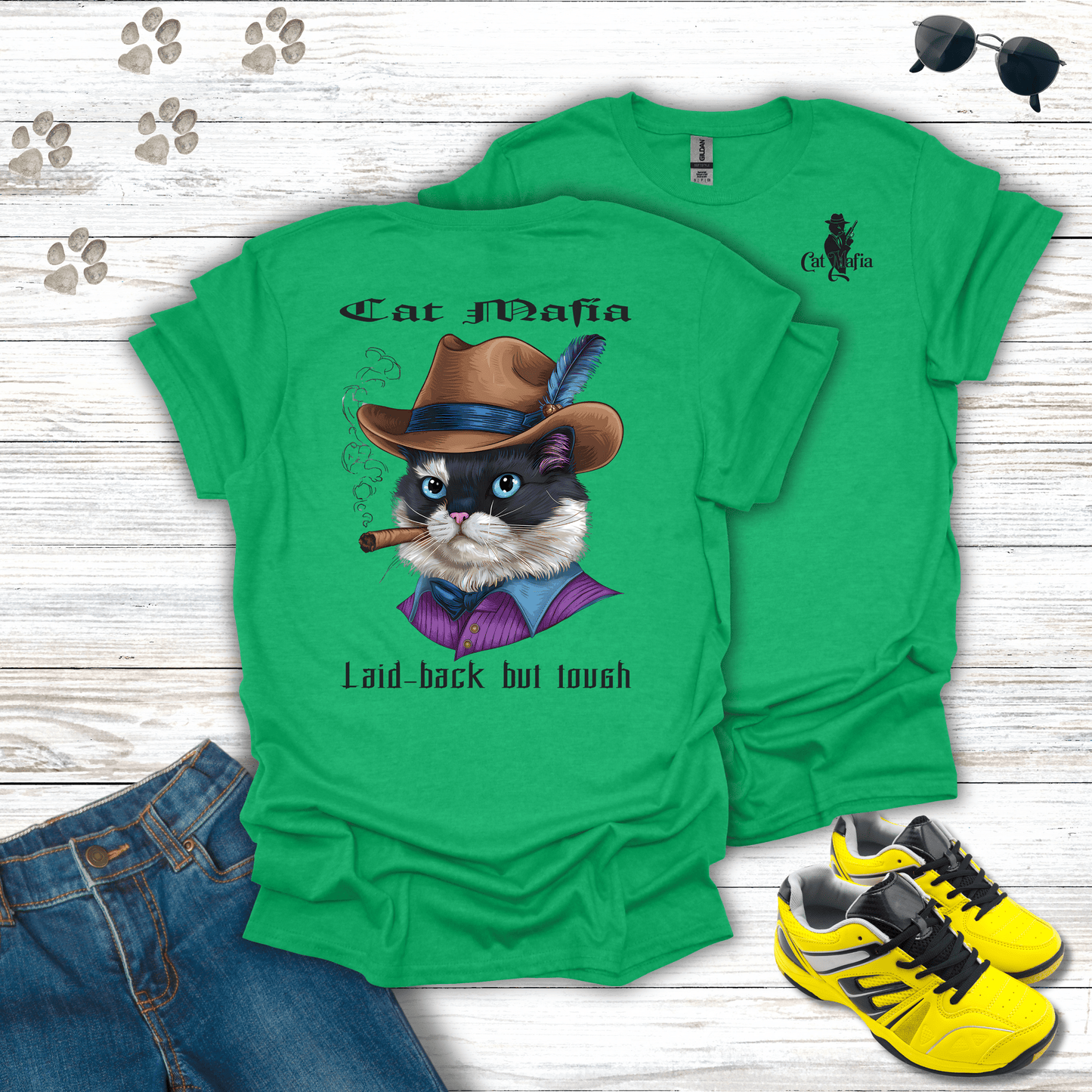 Ragdoll Cat Mafia T-shirt in Heather Irish Green — playful Ragdoll mafia cat tee