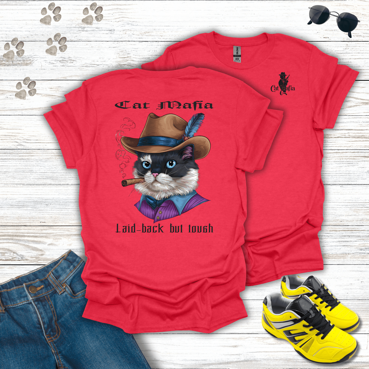 Ragdoll Cat Mafia T-shirt in Heather Red — bold and humorous Ragdoll mob cat tee