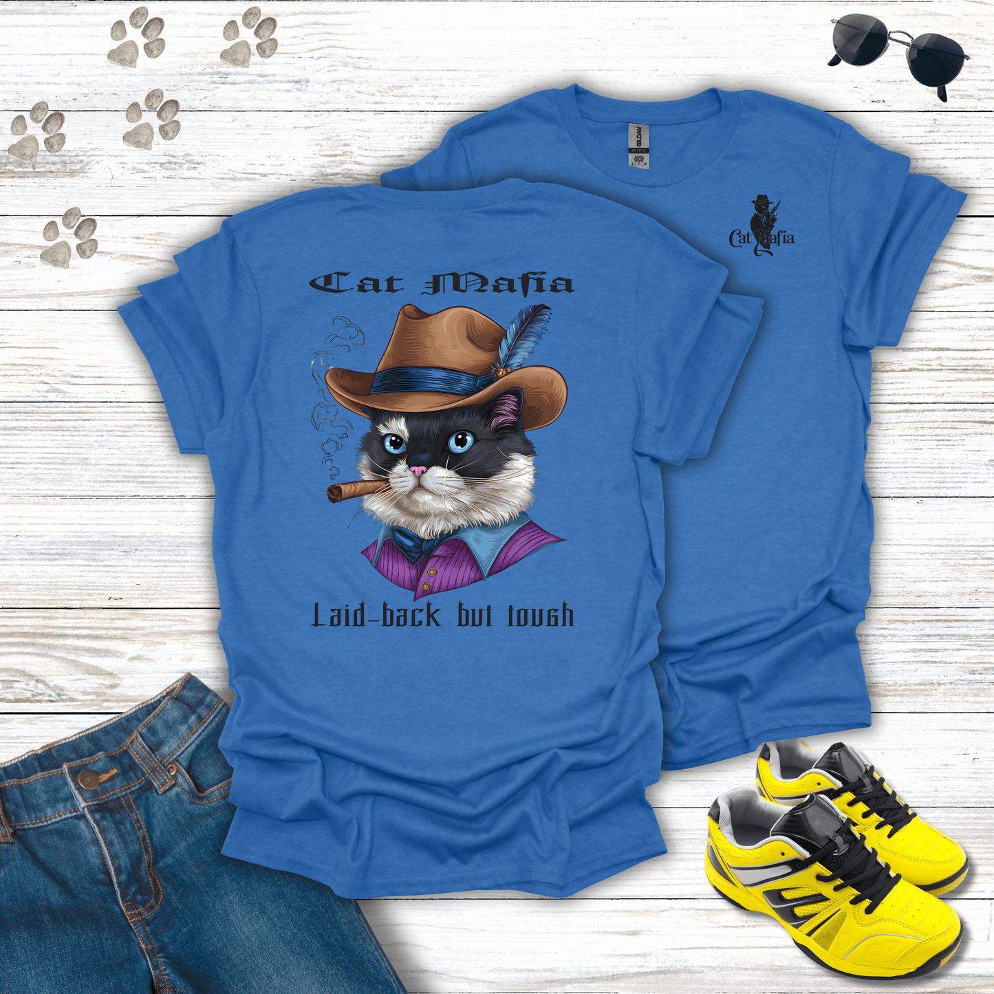 Ragdoll Cat Mafia T-shirt in Heather Royal — cool Ragdoll mafia cat graphic tee