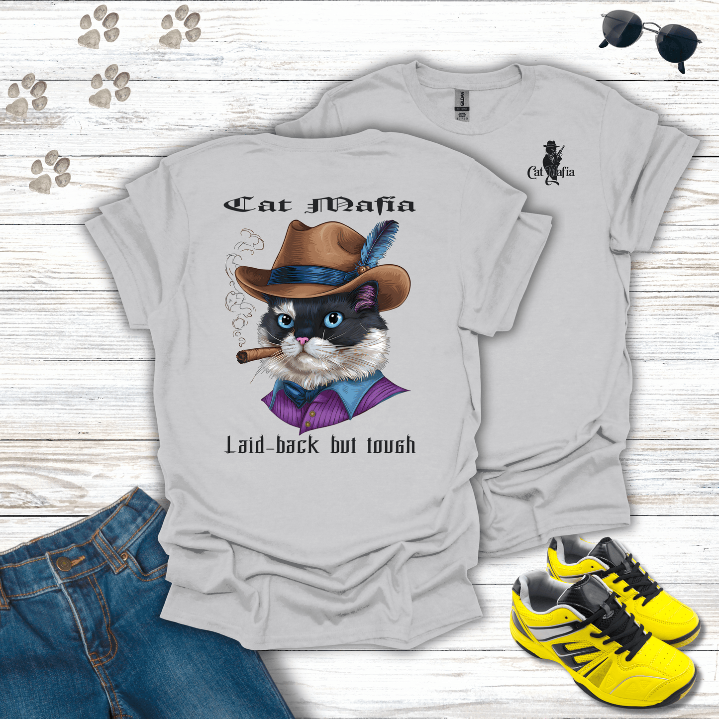 Ragdoll Cat Mafia T-shirt in Ice Grey — relaxed Ragdoll cat in fedora and cigar design