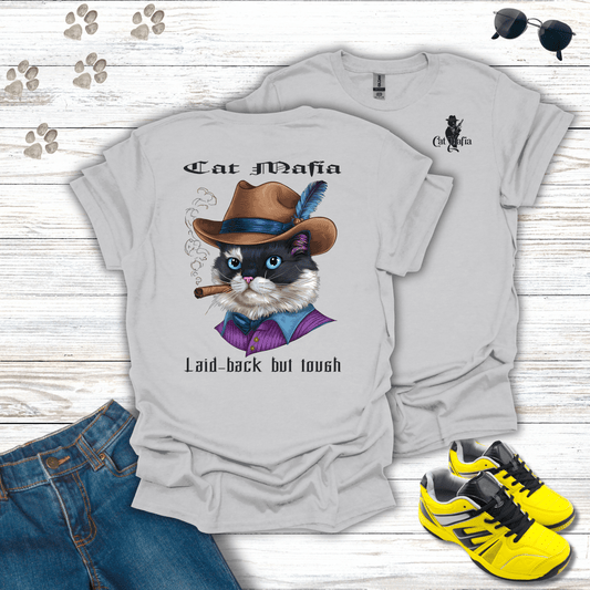 Ragdoll Cat Mafia T-shirt in Ice Grey — relaxed Ragdoll cat in fedora and cigar design