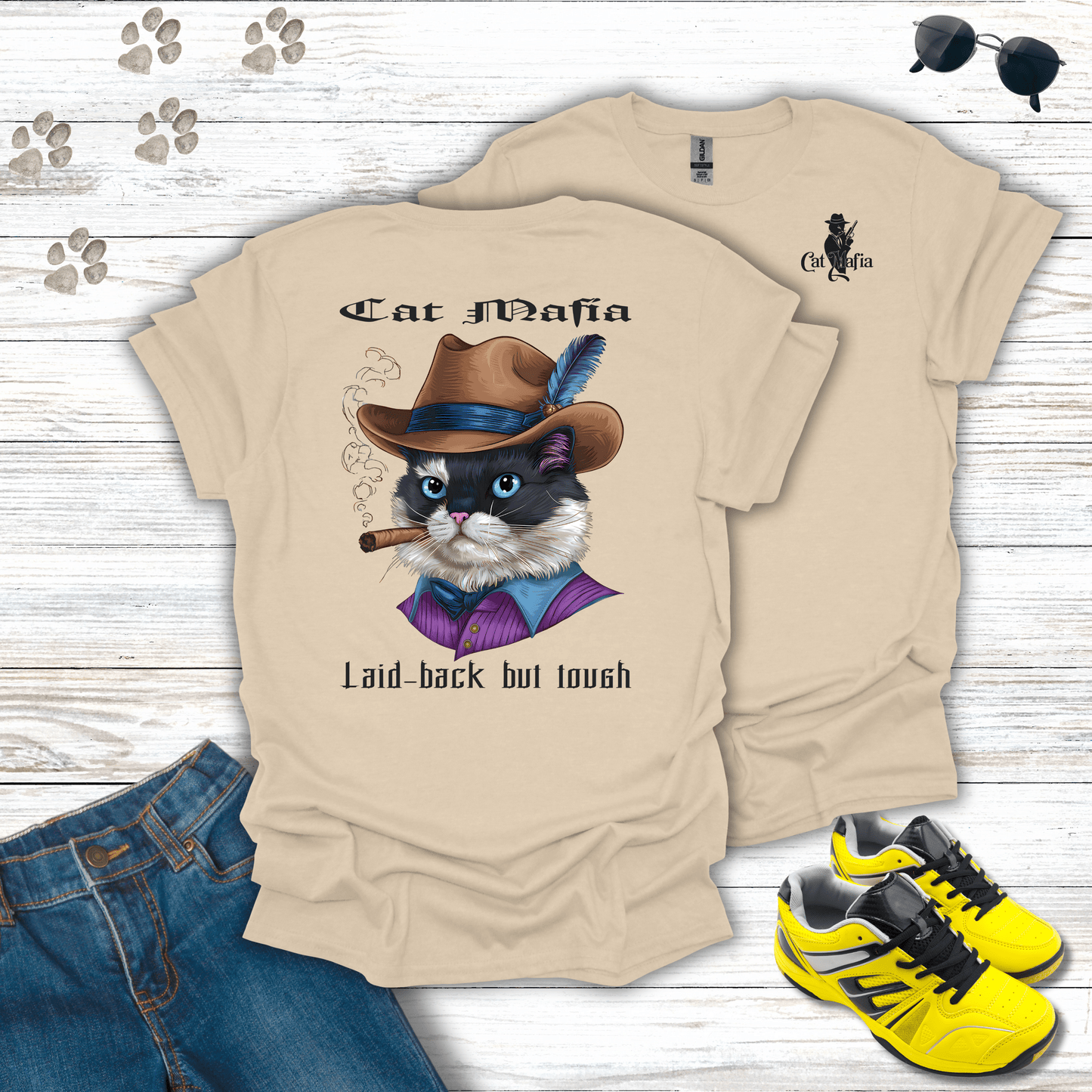 Ragdoll Cat Mafia T-shirt in Sand — stylish Ragdoll mafia cat design for pet lovers