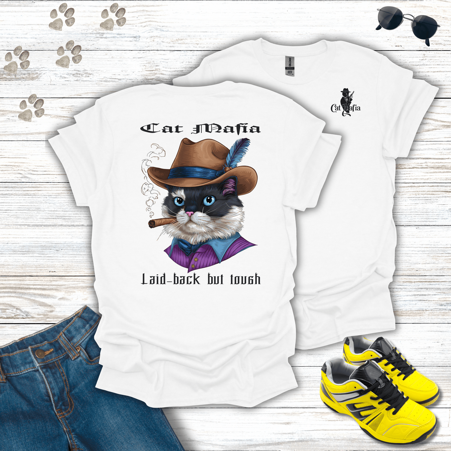 Ragdoll Cat Mafia T-shirt in White — calm and confident Ragdoll mafia cat shirt